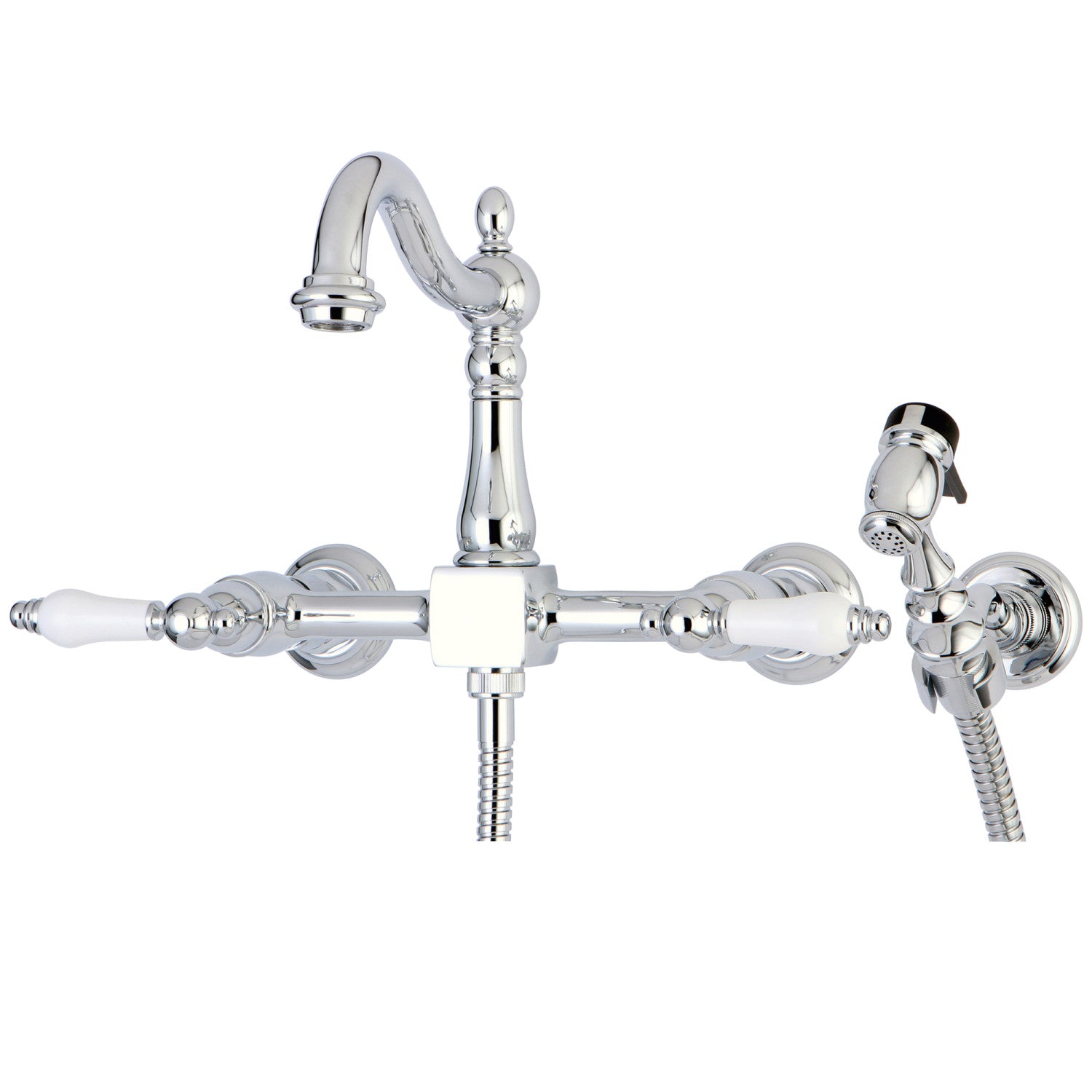 Kingston Heirloom KS1261PLBS - Robinet de cuisine à deux poignées Heritage 3 trous avec pulvérisateur en laiton, chrome poli