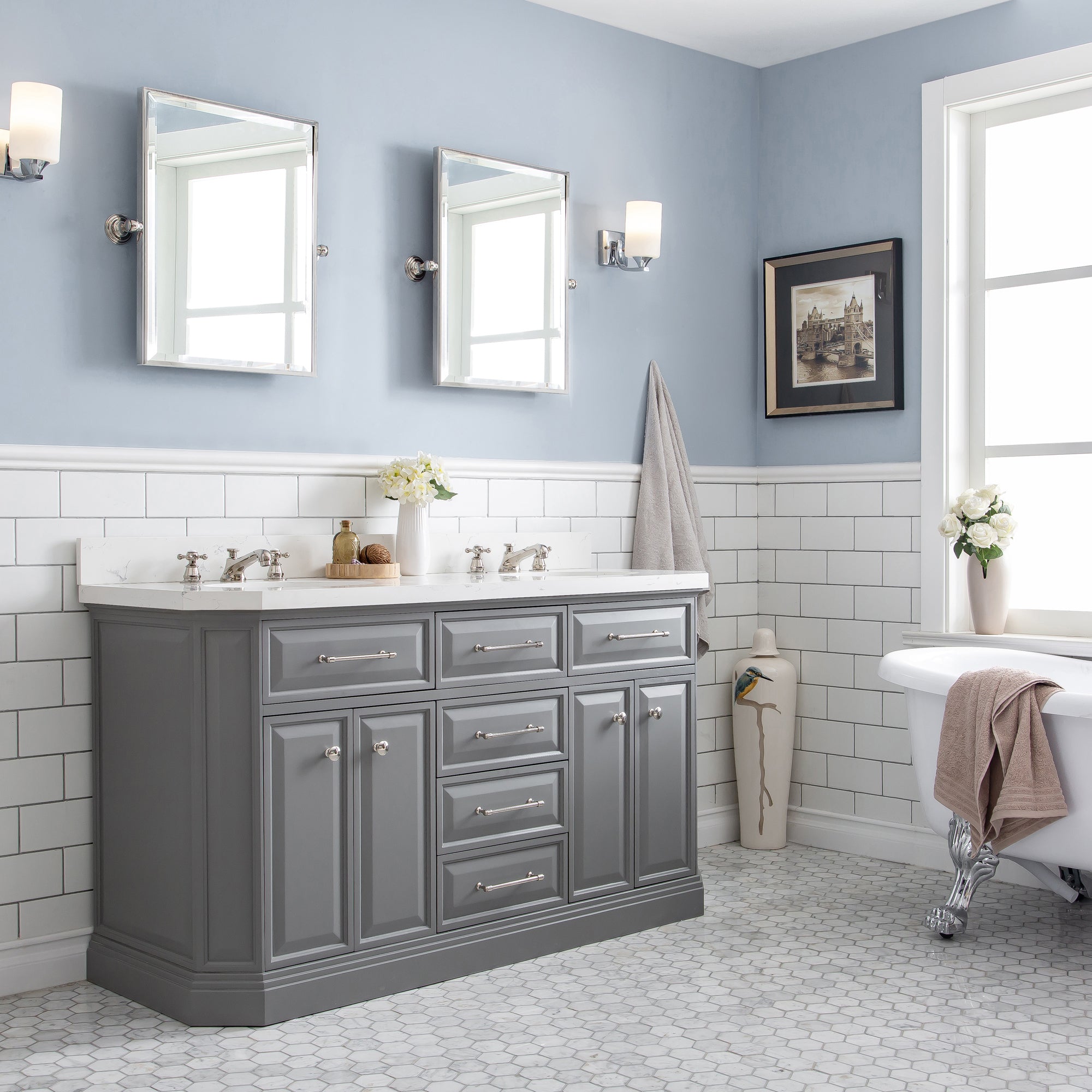 Kingston Luxe PA60QZ05CG - 60 in. x 22 in. Bathroom Vanity Quartz Top and White Basin, Cashmere Grey
