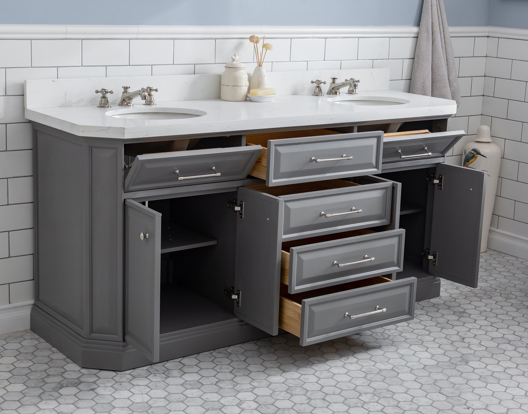Kingston Luxe PA72QZ05CG - 72 in. x 22 in. Bathroom Vanity Quartz Top and White Basin, Cashmere Grey
