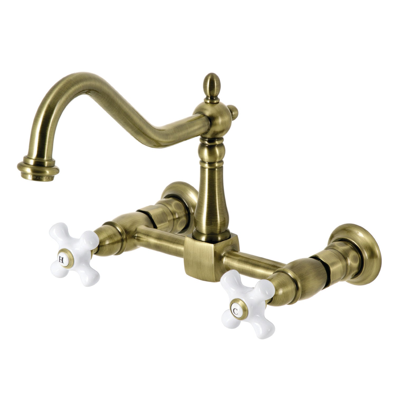 Kingston Heirloom KS1243PX - Robinet de cuisine à deux poignées Heritage 2 trous Wall Mount Bridge, laiton antique