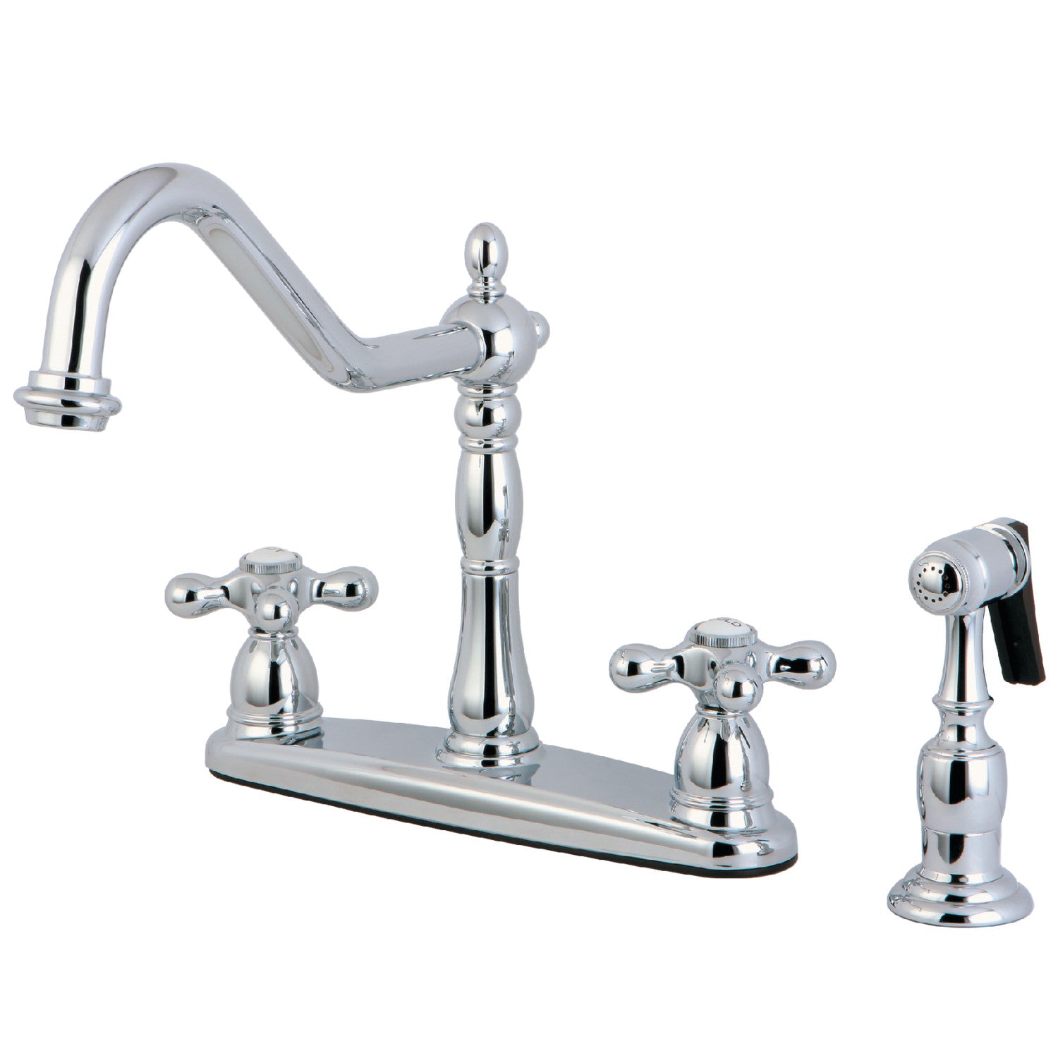 Kingston Heirloom KB1751AXBS - Robinet de cuisine central à deux poignées Heritage 4 trous 8" avec pulvérisateur en laiton, chrome poli