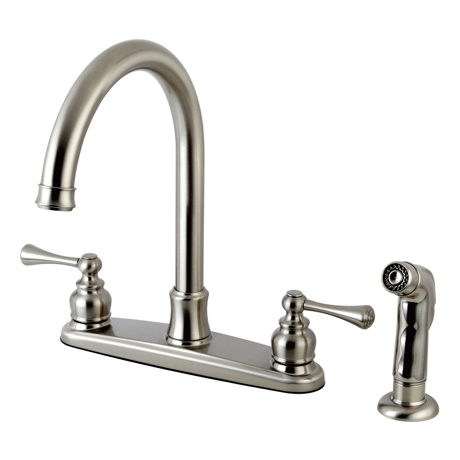 Kingston Tulare FB7798BLSP - Robinet de cuisine à deux poignées vintage 4 trous 8" avec pulvérisateur latéral, nickel brossé
