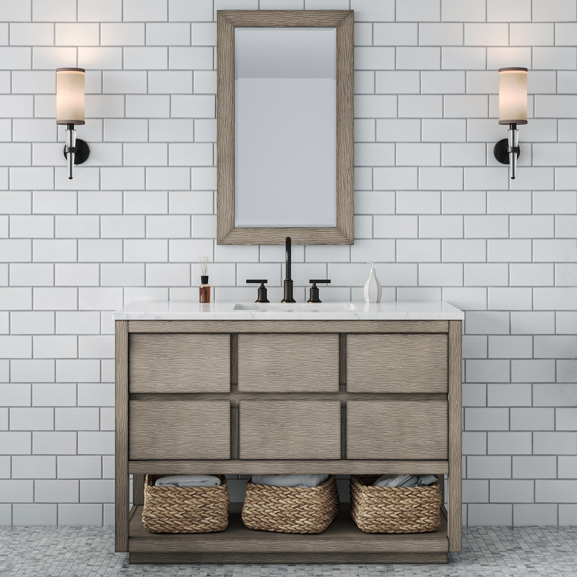 Kingston Luxe OA48CW00GK - 48 in. x 22 in. Bathroom Vanity Marble Top and White Basin, Grey Oak