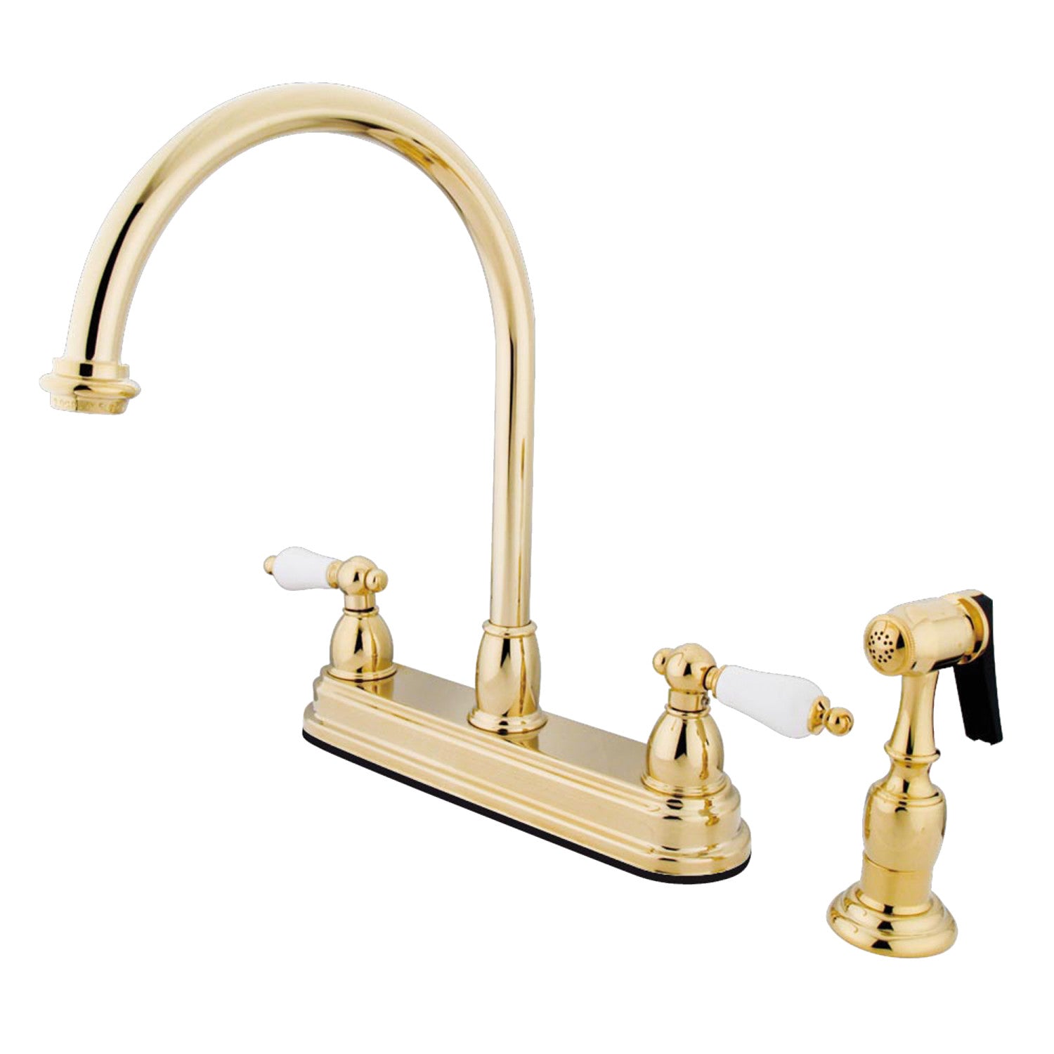 Kingston Heirloom KB3752PLBS - Robinet de cuisine central à deux poignées 4 trous 8" avec pulvérisateur en laiton poli