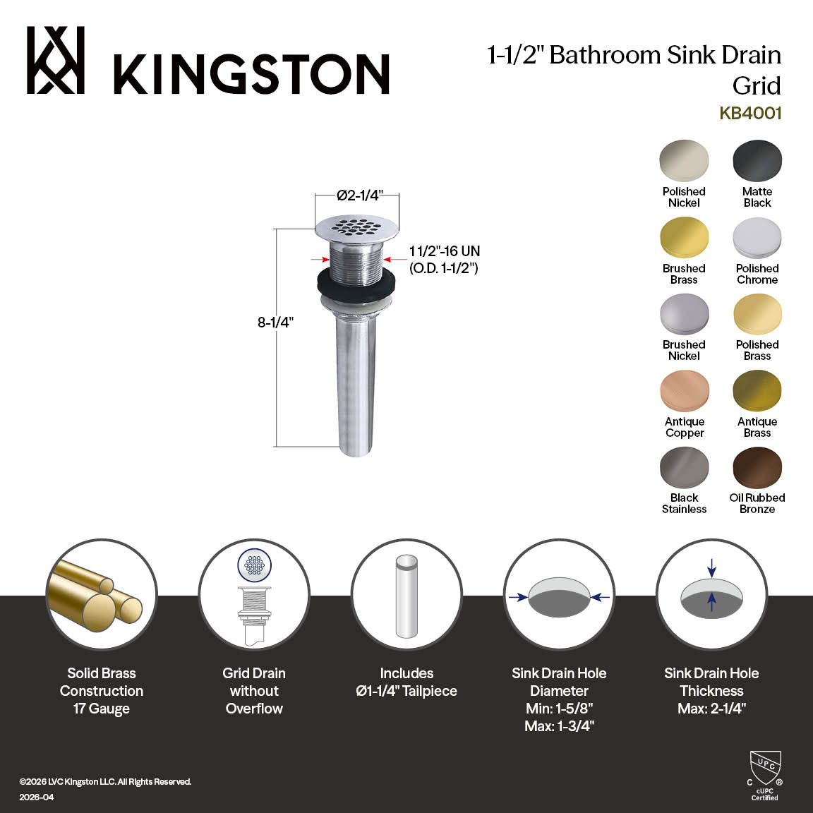 Kingston Trimscape KB400AC Brass Grid Bathroom Sink Drain without Overflow, 17 Gauge, Antique Copper