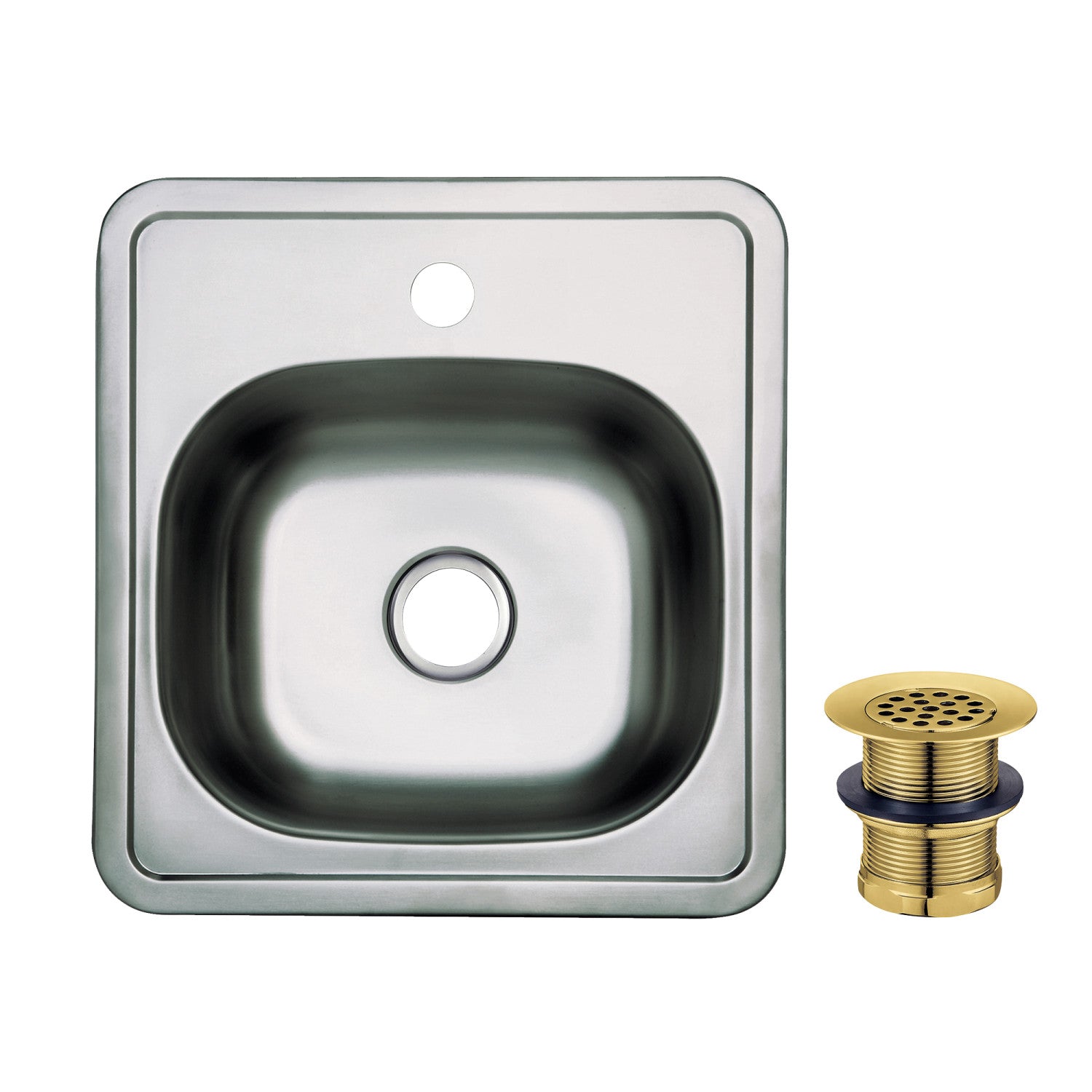 Kingston Tulare KGKTS151517 - Studio 15-Inch Stainless Steel Self-Rimming Single Bowl Drop-In Bar Prep Sink (1-Hole) with Strainer, Brushed Stainless Steel/Brushed Brass