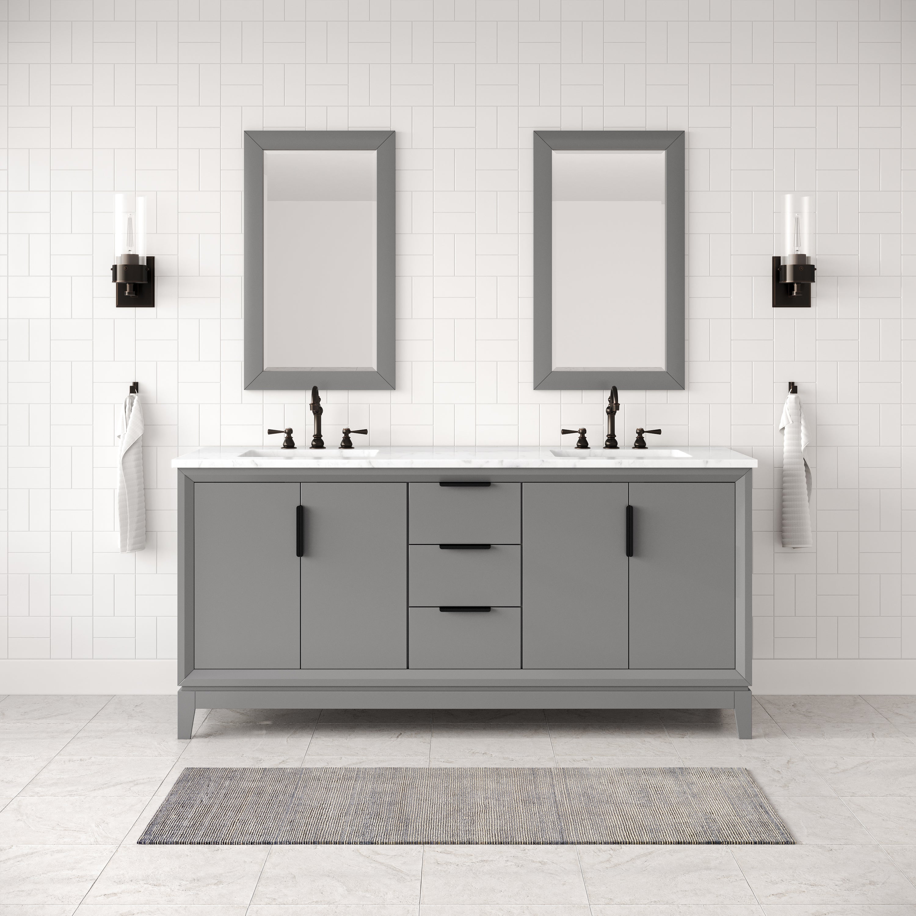 Kingston Luxe EL72CW03CG - 72 in. x 22 in. Bathroom Vanity Carrara White Marble Top and White Ceramic Basins, Cashmere Grey