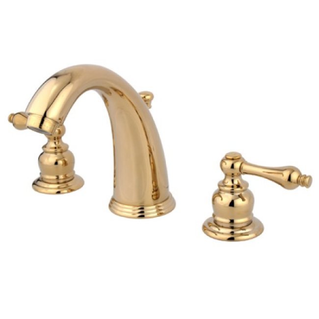 Kingston Heirloom KB982AL - Victorian Two-Handle 3-Hole Deck Mount Widespread Bathroom Faucet with Pop-Up Drain, Polished Brass