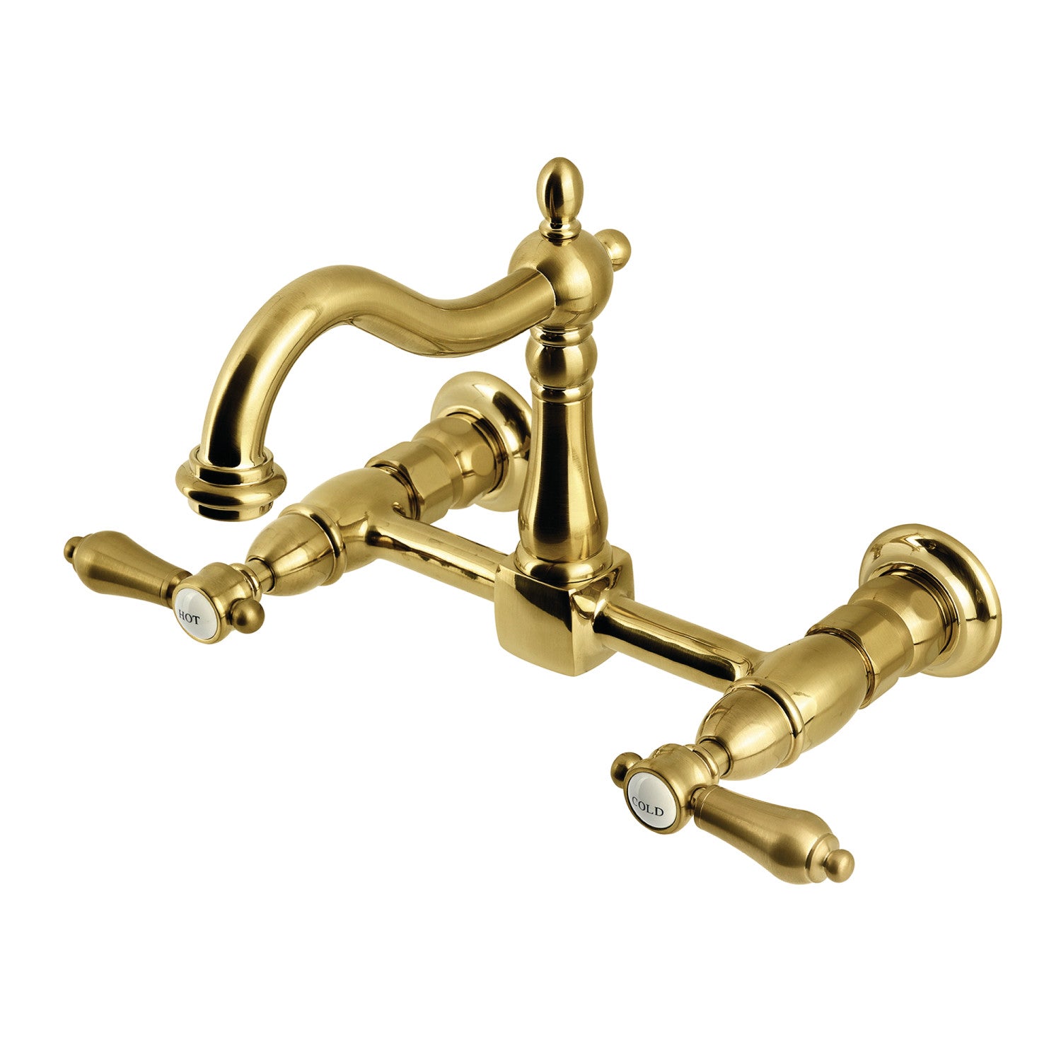 Kingston Heirloom KS1267BAL - Robinet de cuisine à deux poignées 2 trous Wall Mount Bridge, laiton brossé