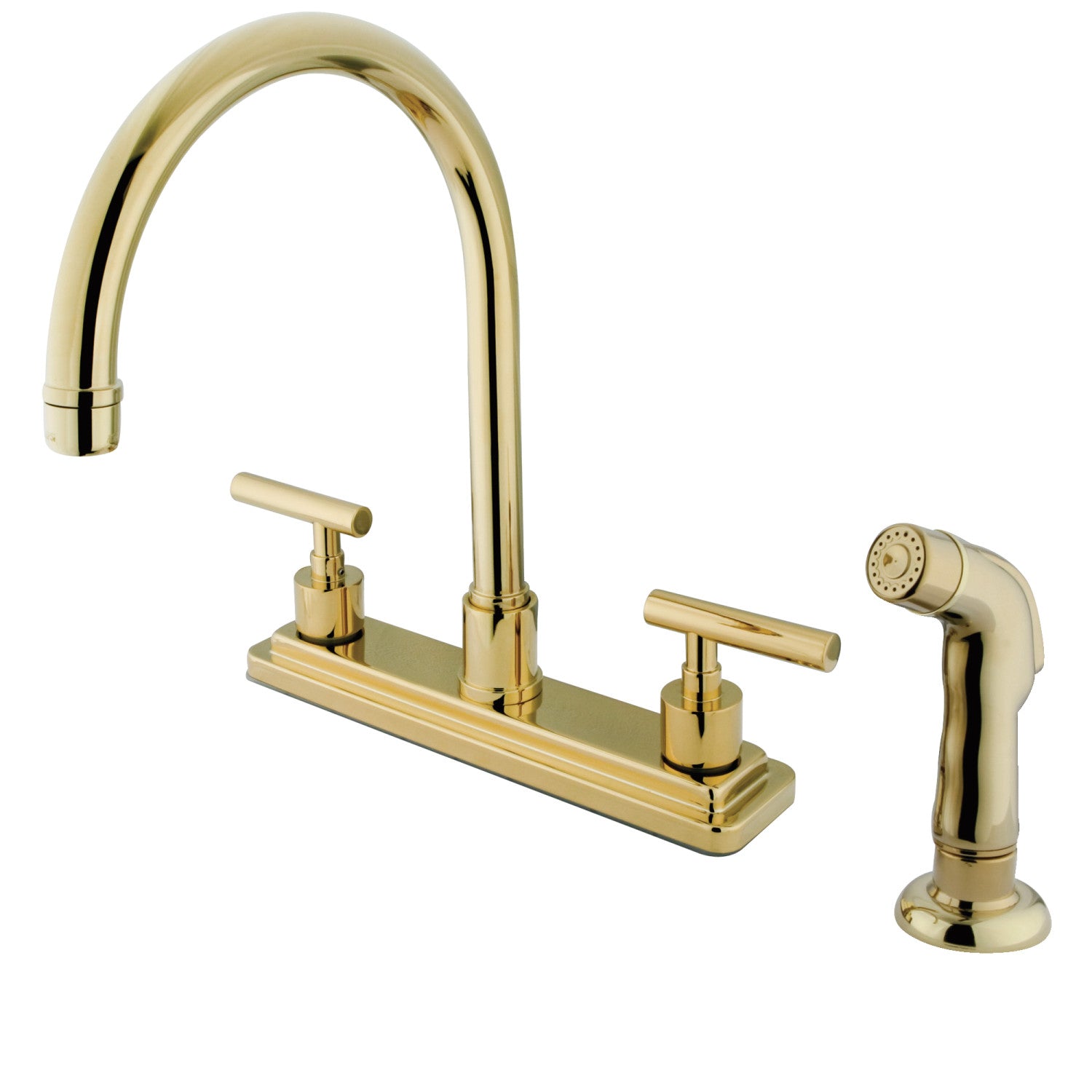 Kingston Sona KS8792CML - Robinet de cuisine central à deux poignées 4 trous 8" avec pulvérisateur latéral, laiton poli