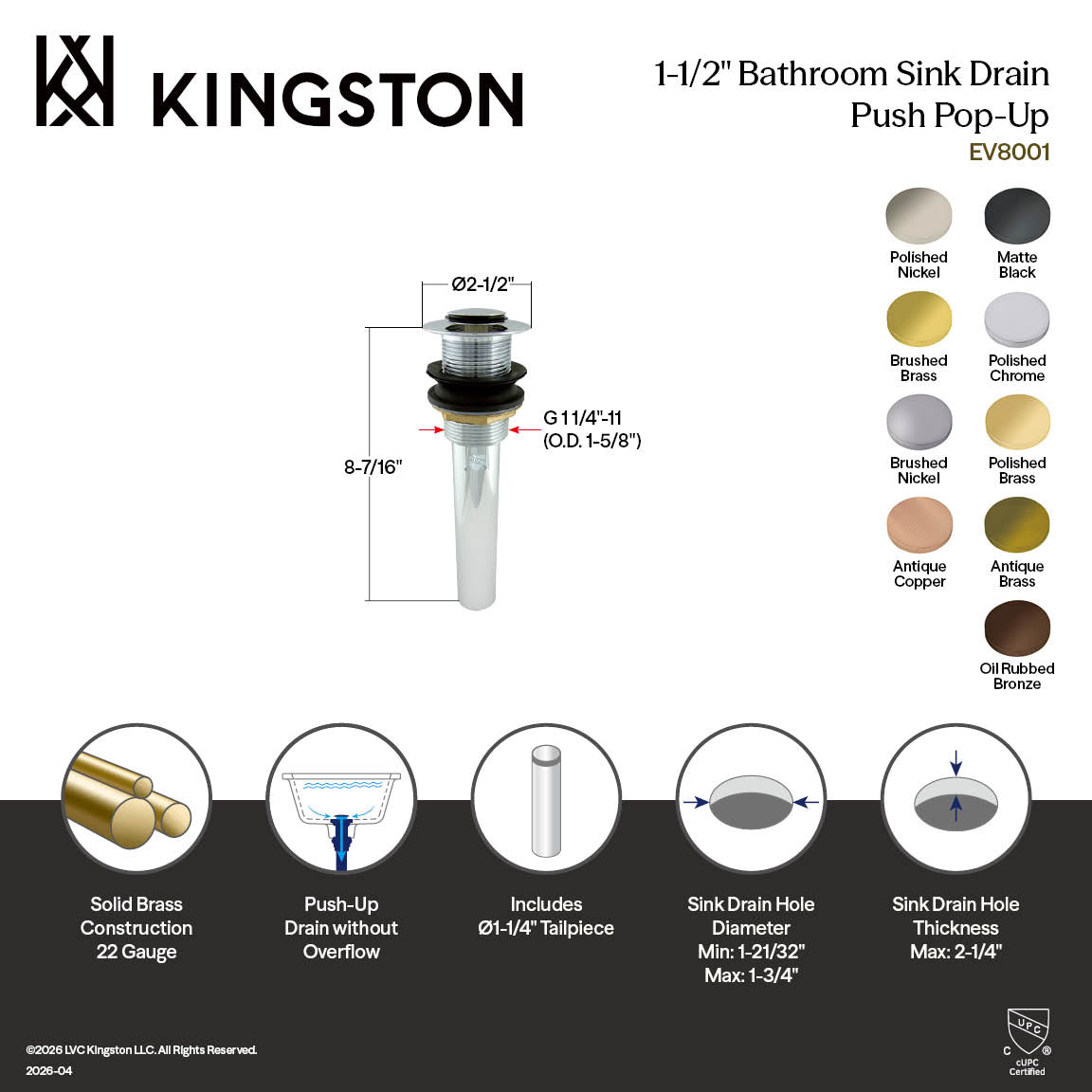 Kingston Trimscape EV8002 Brass Push Pop-Up Bathroom Sink Drain without Overflow, 22 Gauge, Polished Brass