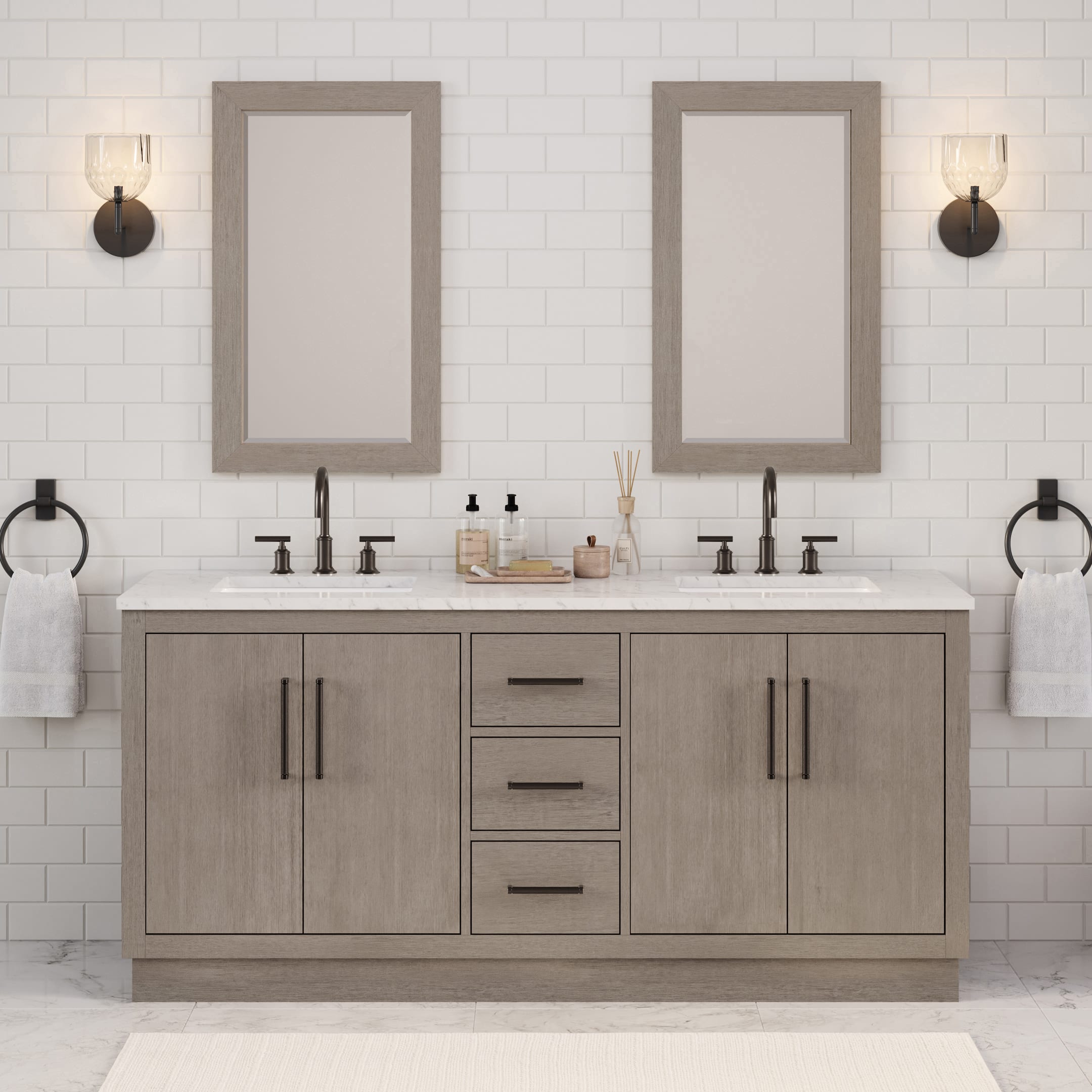 Kingston Luxe HU72CW03GK - 72 in. x 22 in. Bathroom Vanity Marble Top and White Basin, Grey Oak