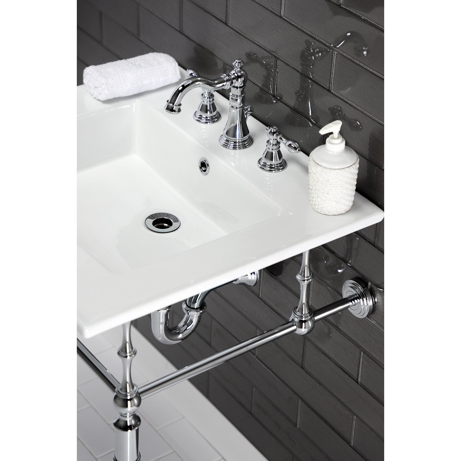 Kingston Heirloom KVPB25227W8CP - Edwardian 25-Inch Ceramic Console Sink with Brass Legs (8-Inch, 3-Hole), White/Polished Chrome