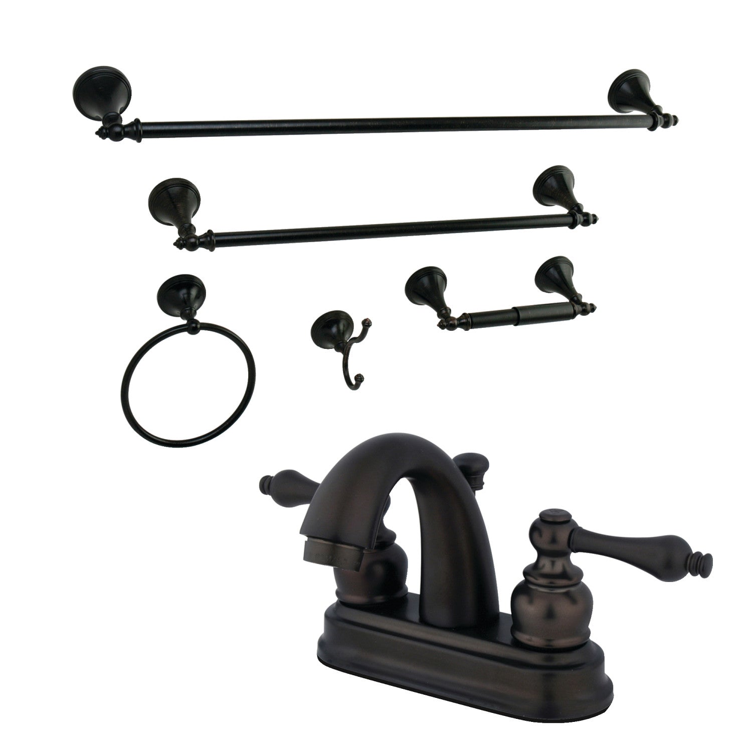 Kingston Heirloom KBK5615AL Double-Handle 3 trous montage sur plage 4-Inch Centerset Robinet de salle de bains avec kit d'accessoires de salle de bains 5-Piece, huile Rubbed Bronze