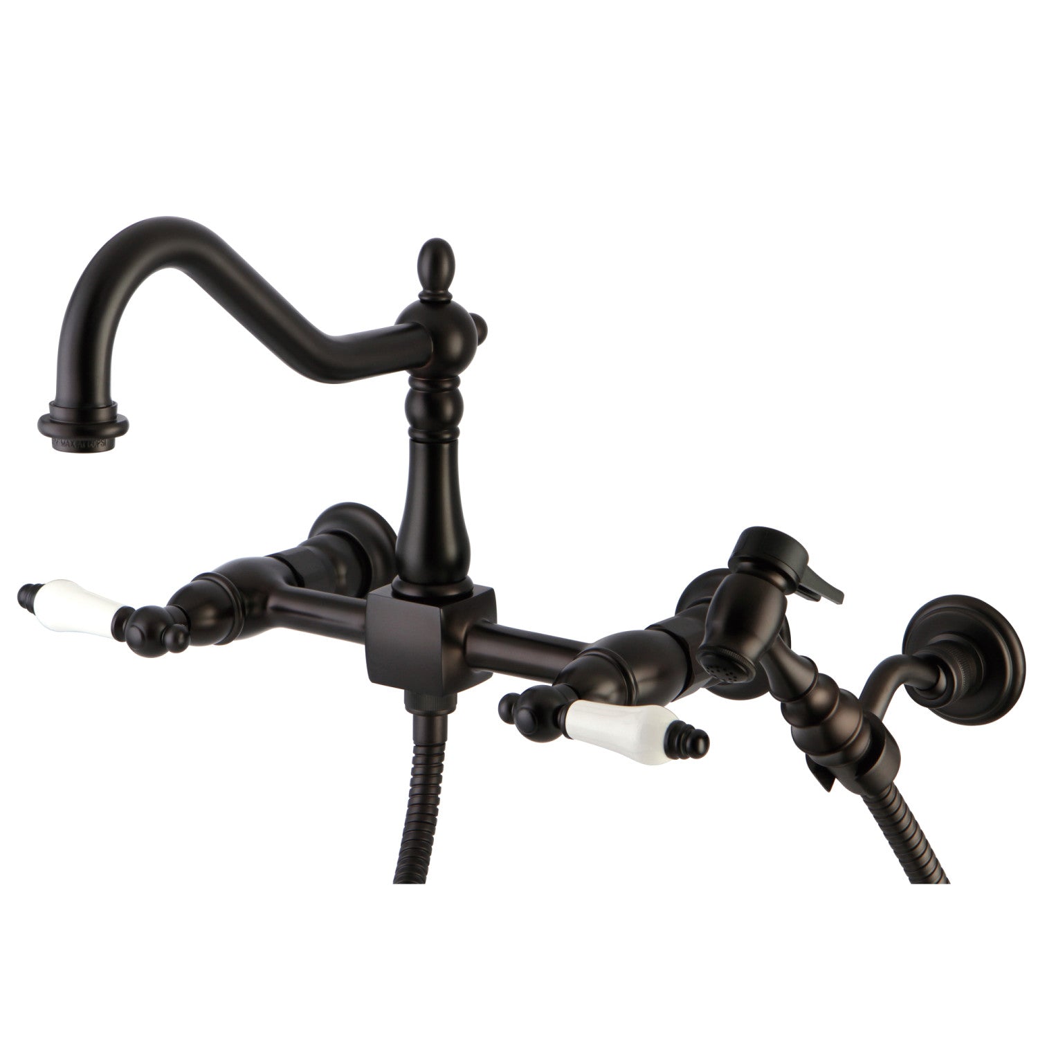 Kingston Heirloom KS1245PLBS - Robinet de cuisine à deux poignées Heritage 3 trous Wall Mount Bridge avec pulvérisateur en laiton, bronze à l'huile