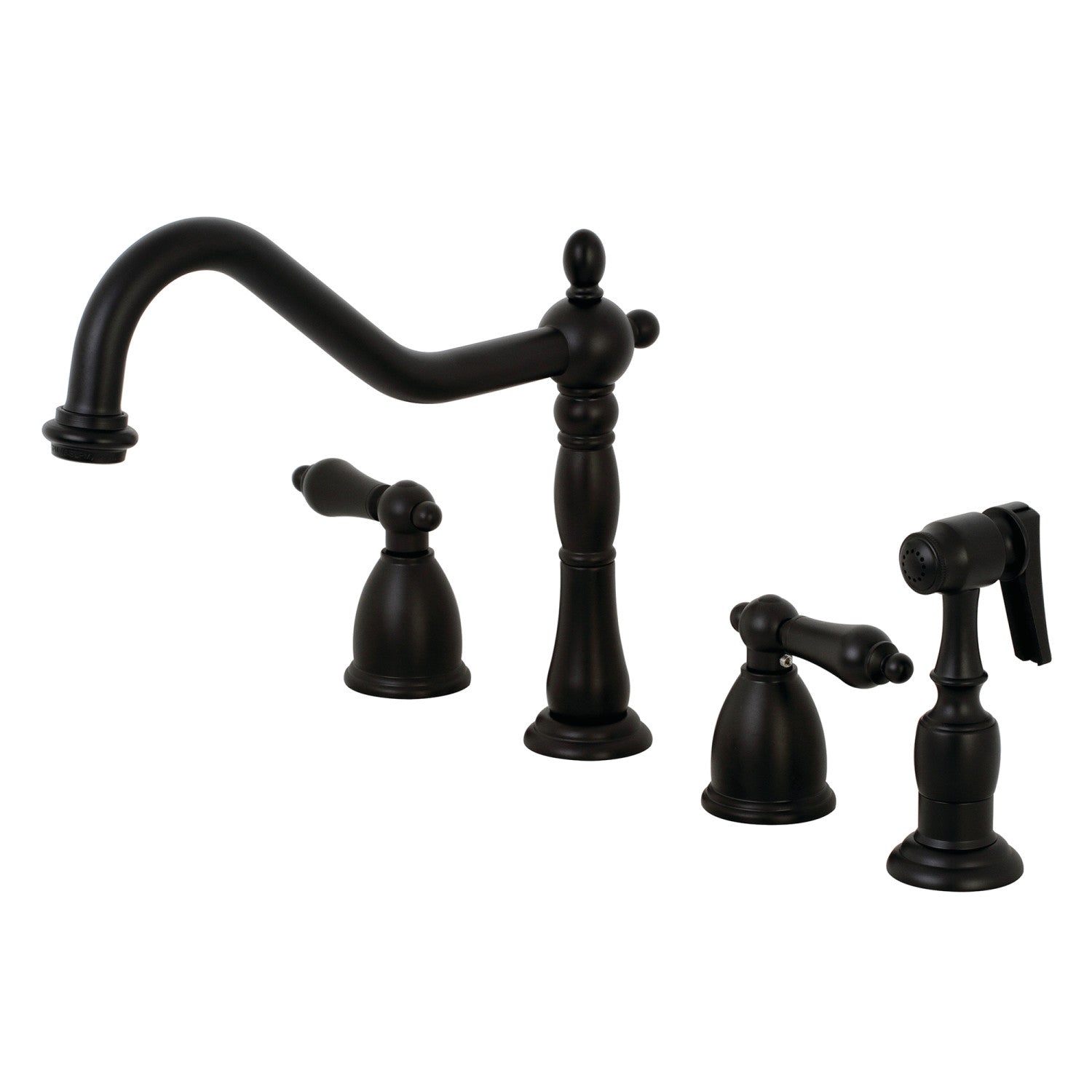 Kingston Heirloom KB1790ALBS - Robinet de cuisine à double poignée Heritage 4 trous avec pulvérisateur en laiton, noir mat