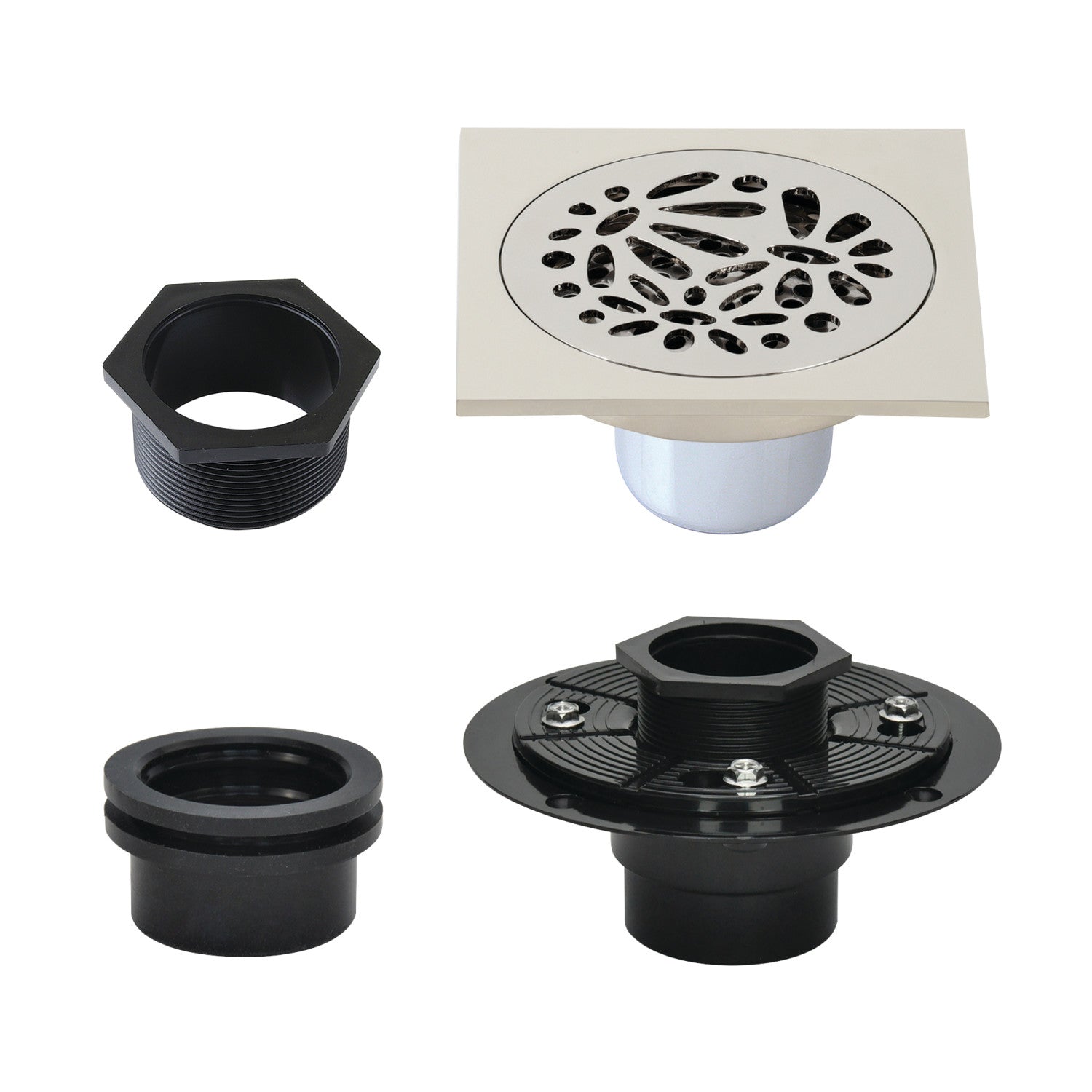 Kingston Watercourse BSFK6360PN 4-Inch Brass Square Grid Shower Drain with Hair Strainer and Base Flange, Polished Nickel
