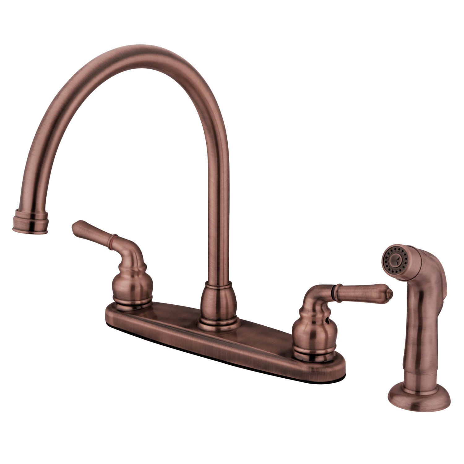 Kingston Tulare KB796SP - Robinet de cuisine à deux poignées Magellan 4 trous 8" avec pulvérisateur latéral, cuivre antique