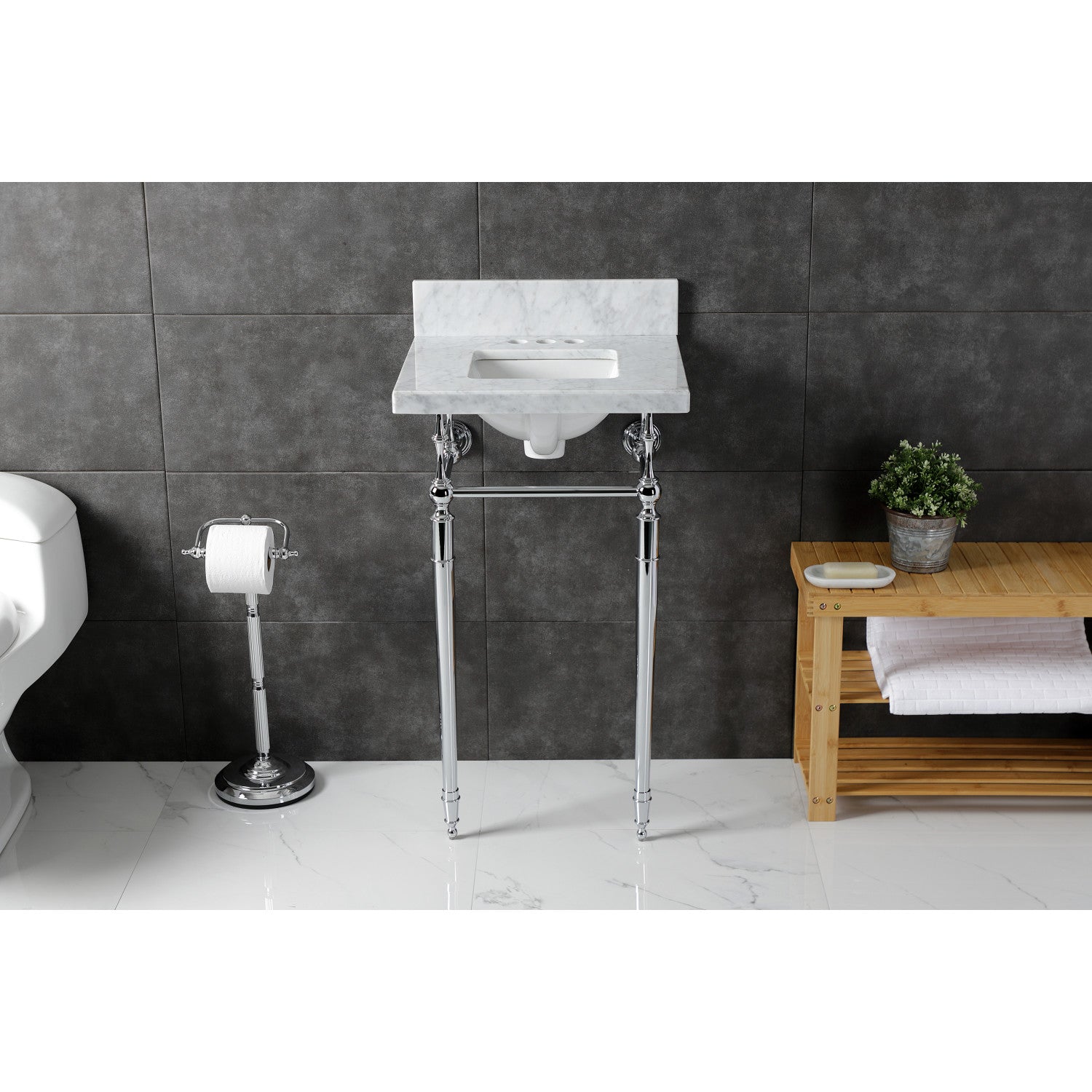Kingston Heirloom KVPB1917M34SQ1 - Edwardian 19-Inch Carrara Console évier avec des jambes en laiton (4-Inch, 3 trous), Carrara marbre blanc / poli Chrome
