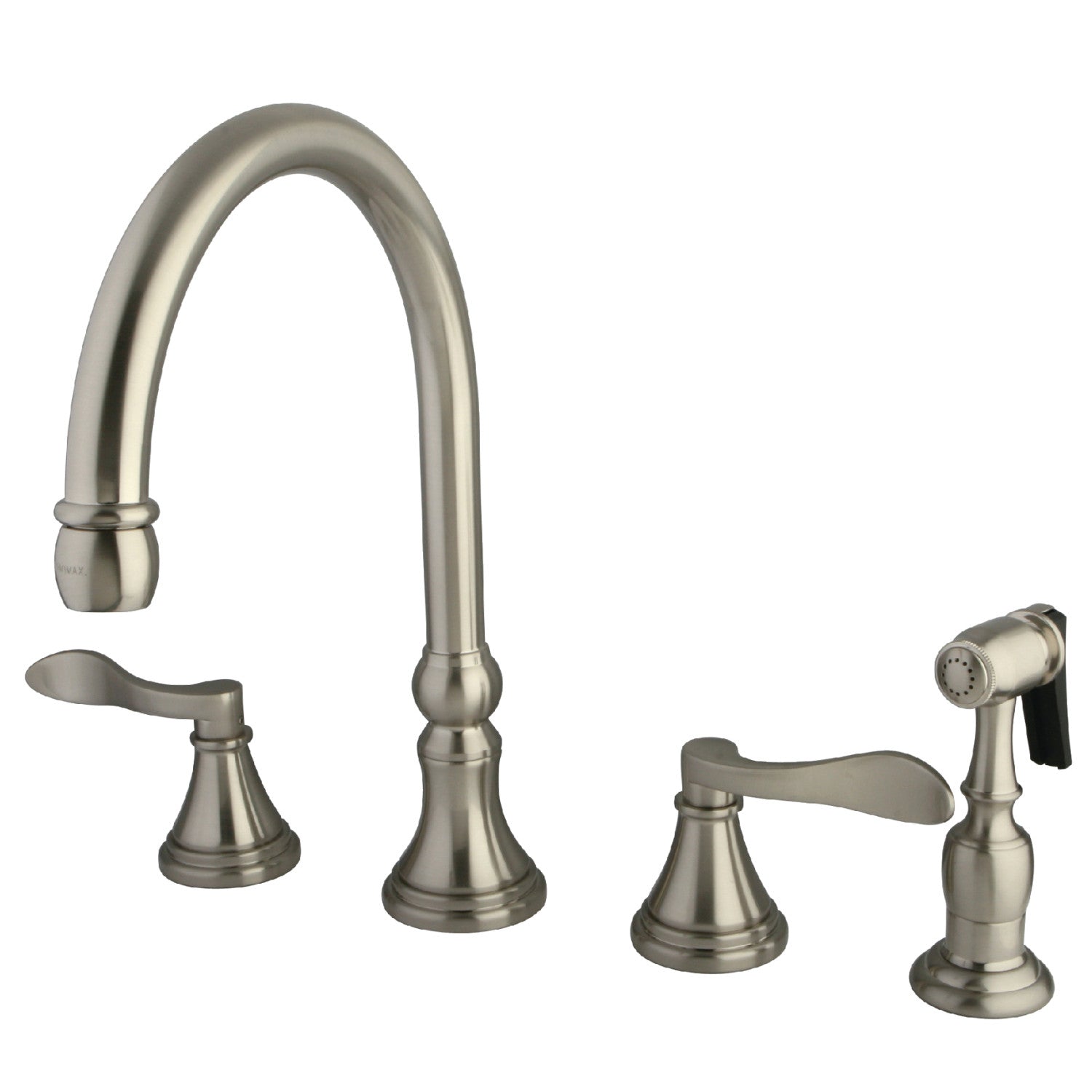 Kingston Tulare KS2798DFLBS - NuFrench Double-Handle 4-Hole Widespread Kitchen Faucet with Brass Sprayer, Brushed Nickel