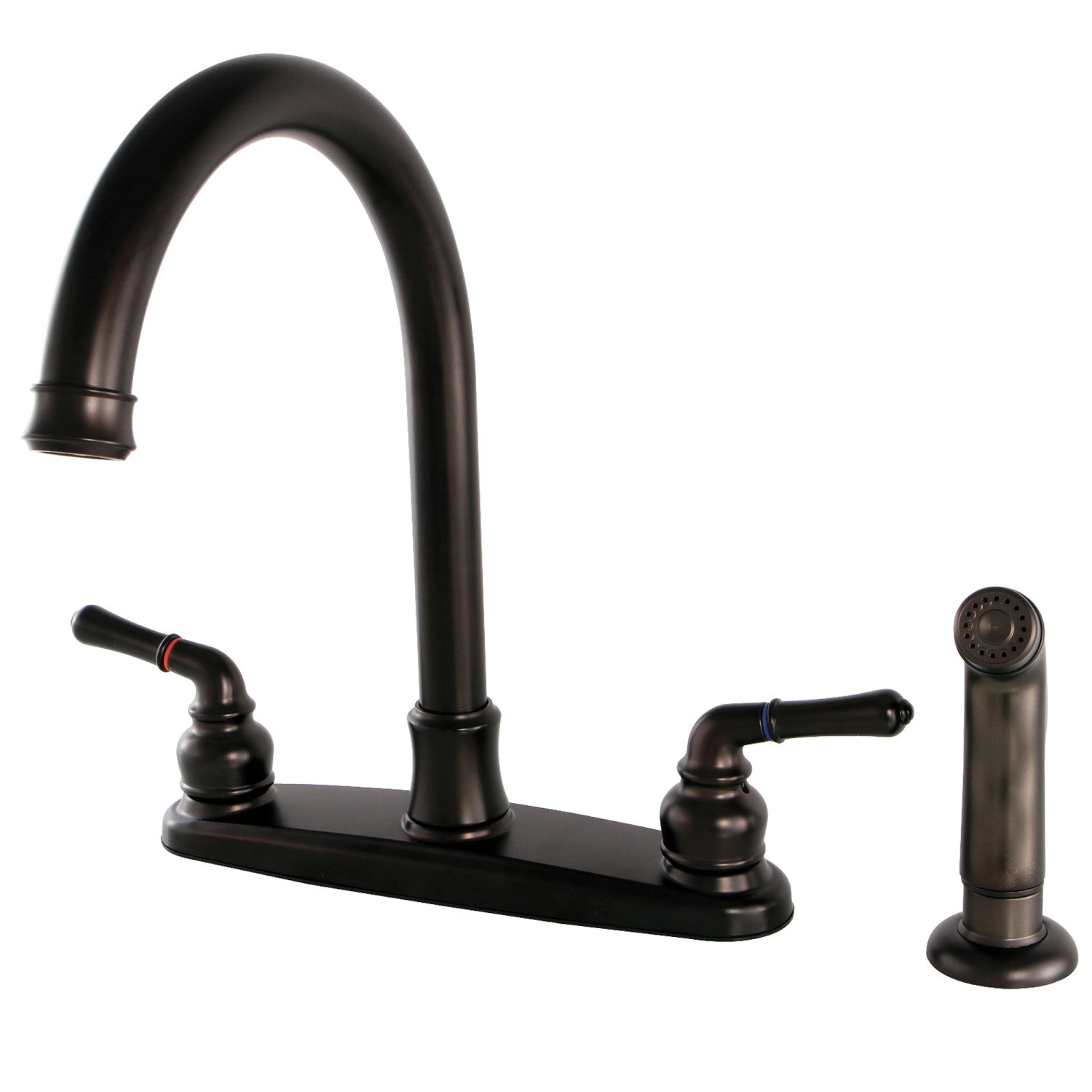 Kingston Tulare FB7795NMLSP - Robinet de cuisine central à deux poignées 4 trous 8" avec pulvérisateur latéral, bronze frotté à l'huile