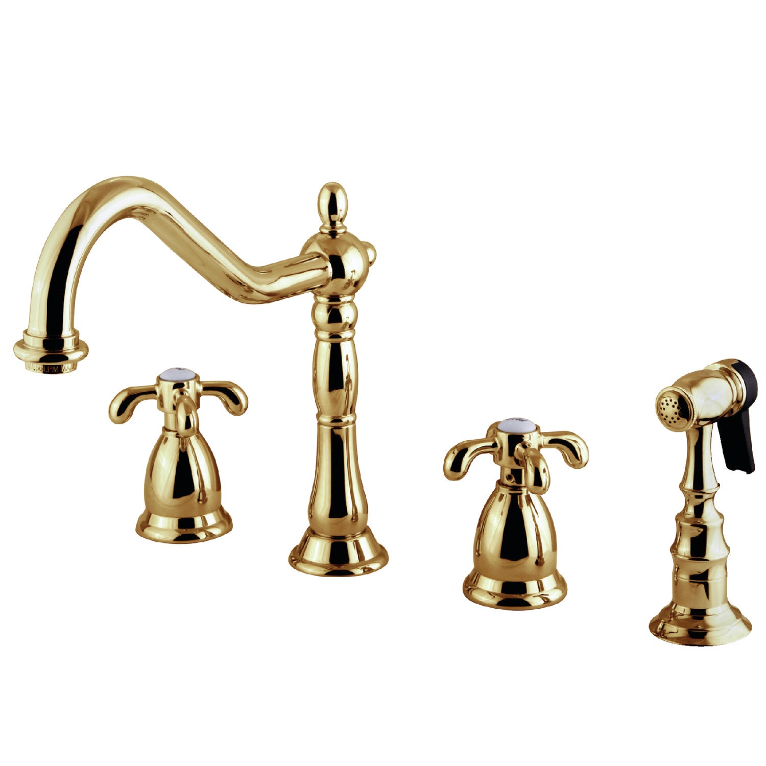 Kingston Heirloom KS1792TXBS - Robinet de cuisine à double poignée 4 trous avec pulvérisateur en laiton, laiton poli