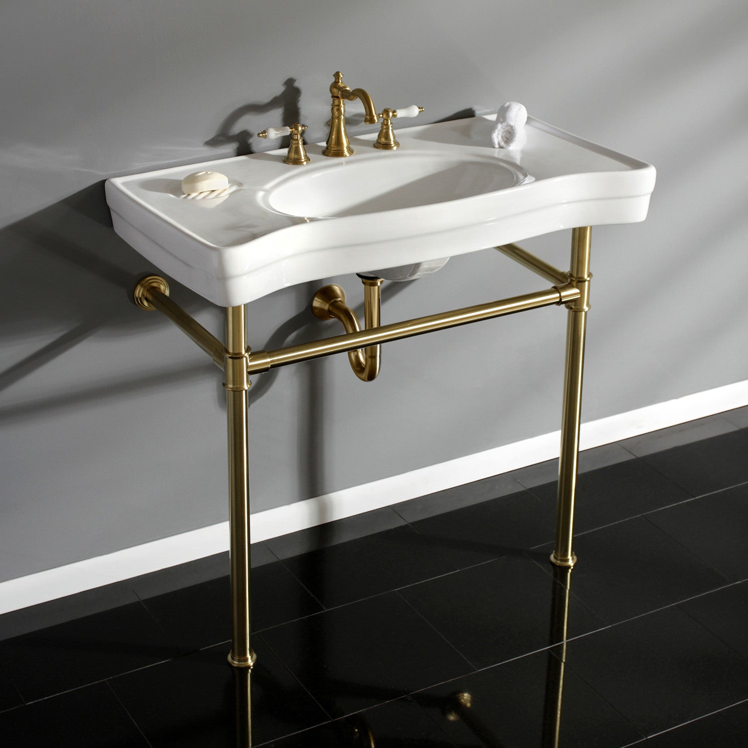 Kingston Tulare VPB1367ST - Imperial 36-Inch Ceramic Console Sink with Stainless Steel Legs (8-Inch, 3-Hole), White/Brushed Brass
