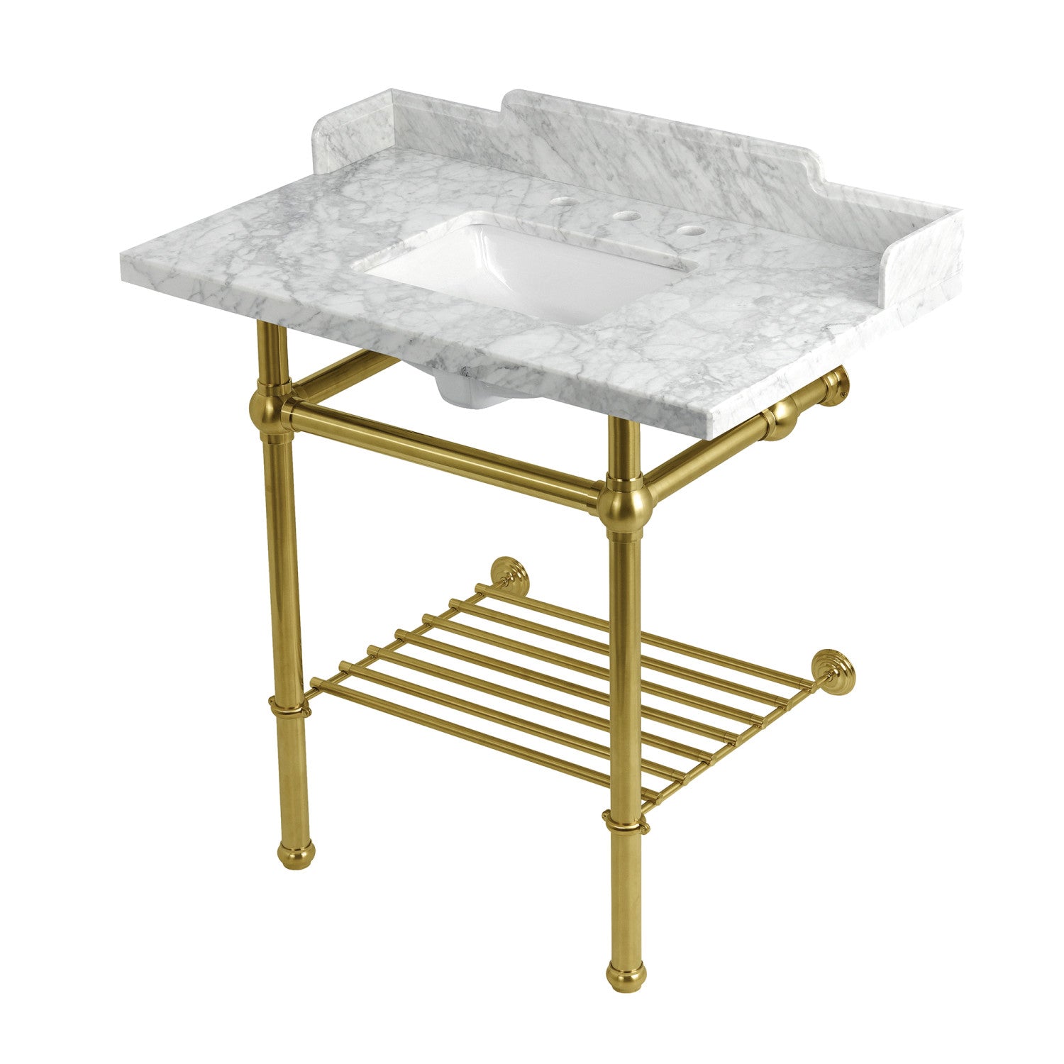 Kingston Heirloom LMS36MBSQB7 - Pemberton 36-Inch Carrara Marble Console Sink with Brass Legs and Shelf (8-Inch, 3-Hole), Carrara Marble White/Brushed Brass