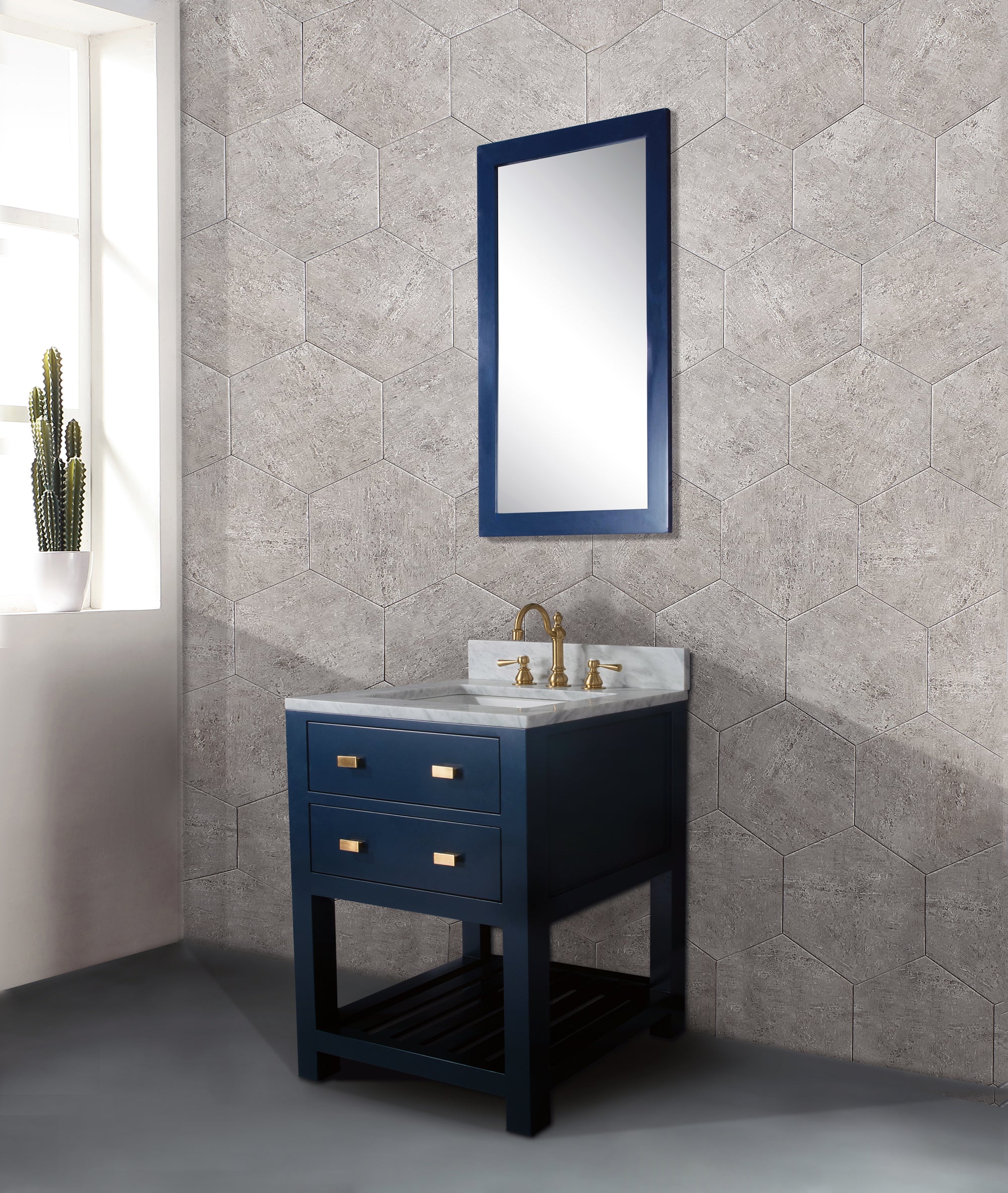 Kingston Luxe MA24CW06MB - 24 in. x 21.5 in. Bathroom Vanity Carrara White Marble Top and White Basin, Monarch Blue