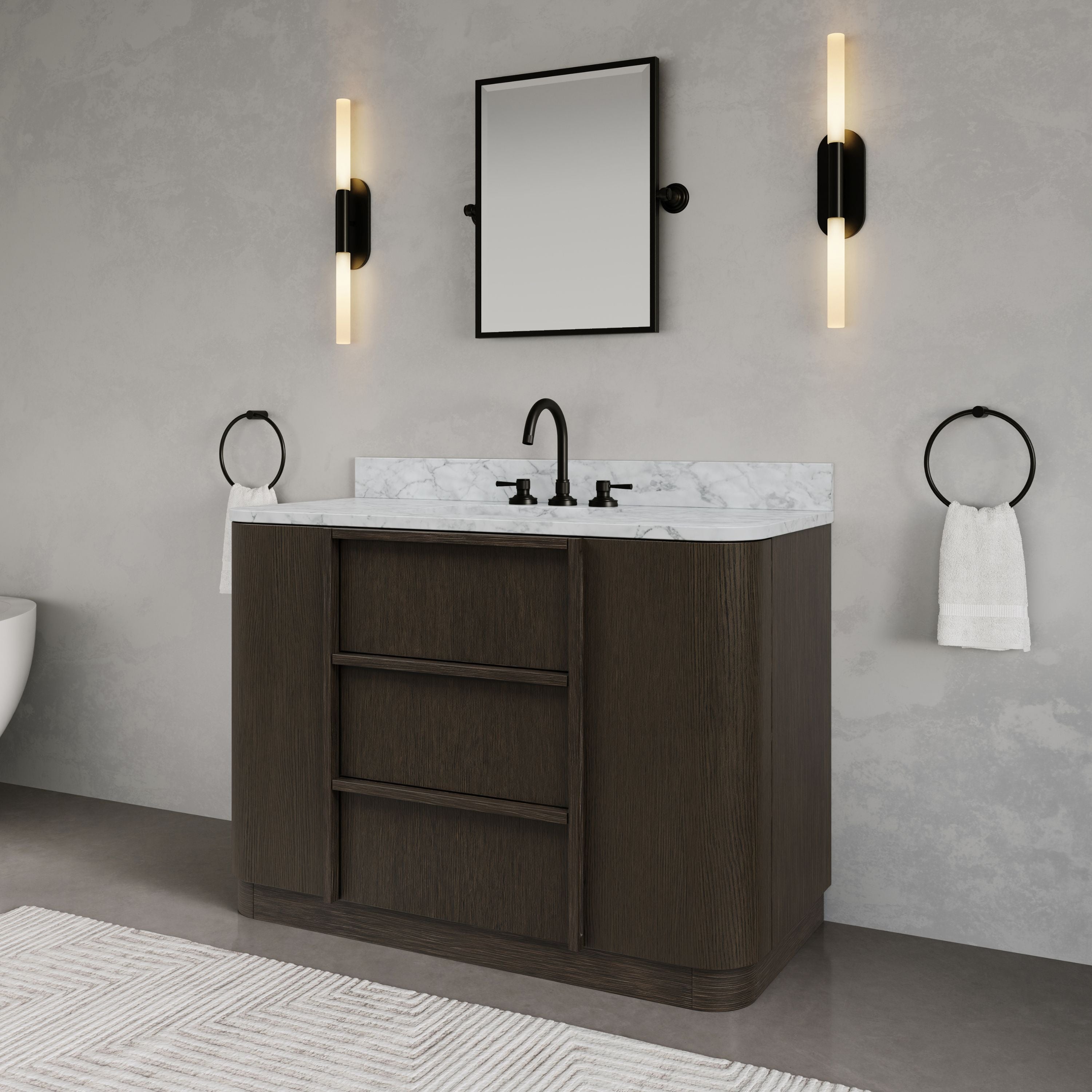 Kingston Luxe OX48CW00CO - 48 in. x 22 in. Bathroom Vanity Single Sink Freestanding with Carrara White Marble Top, Charcoal Oak