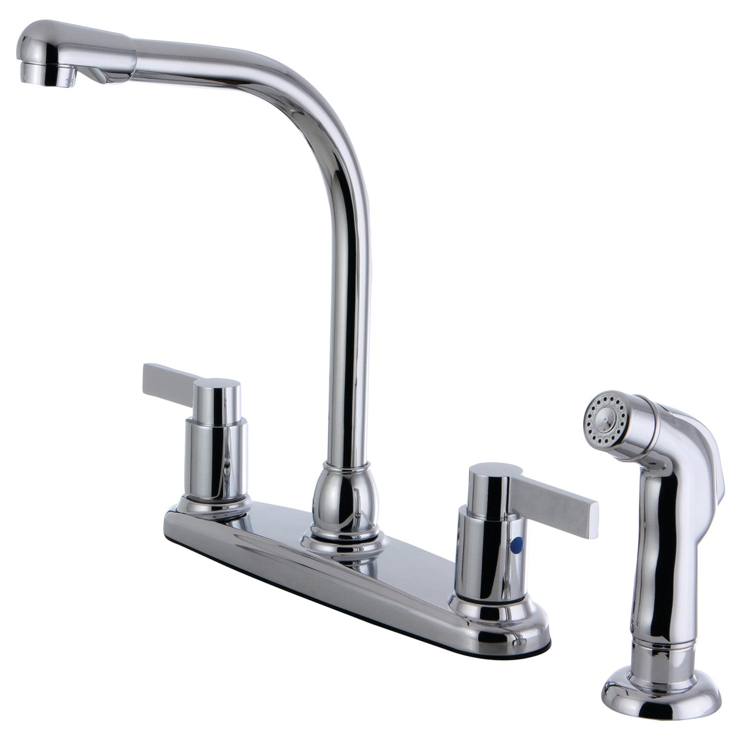 Kingston Tulare FB2751NDLSP - NuvoFusion Robinet de cuisine à deux poignées 4 trous 8" avec pulvérisateur latéral, chrome poli