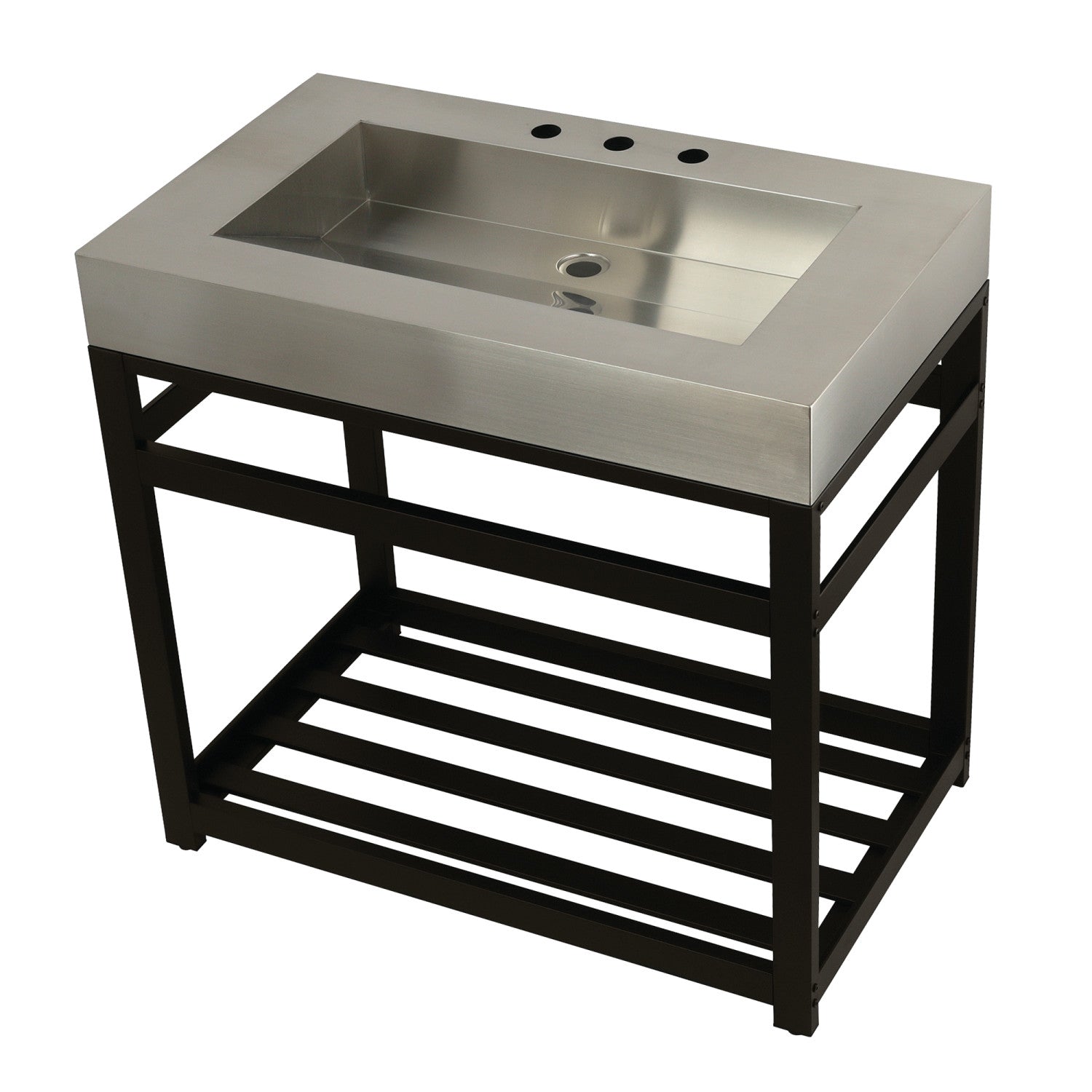 Kingston Kingston Commercial KVSP3722A5 37-Inch Stainless Steel Console Sink with Steel Base and Glass Shelf (8-Inch, 3-Hole), Brushed Stainless Steel/Oil Rubbed Bronze