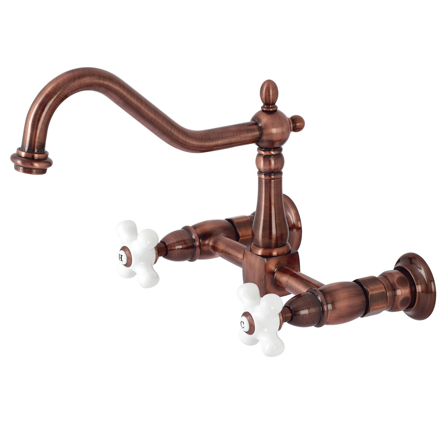 Kingston Heirloom KS124PXAC - Robinet de cuisine à deux poignées Heritage 2 trous Wall Mount Bridge, cuivre antique