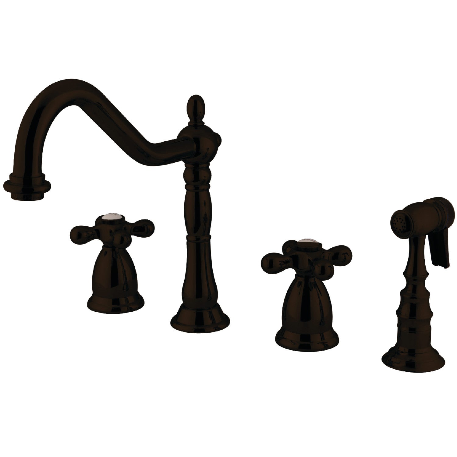 Kingston Heirloom KS1795AXBS - Robinet de cuisine à double poignée Heritage 4 trous avec pulvérisateur en laiton, bronze frotté à l'huile