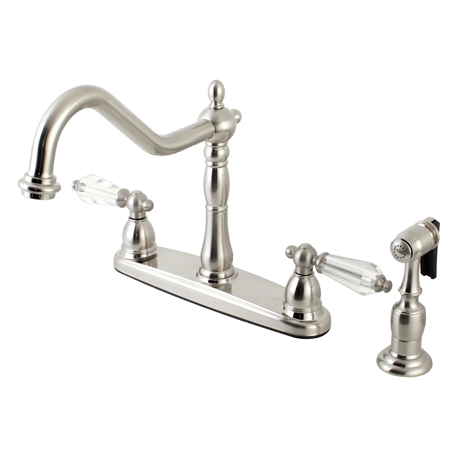 Kingston Heirloom KB1758WLLBS - Wilshire Robinet de cuisine à deux poignées 4 trous 8" avec pulvérisateur en laiton, nickel brossé