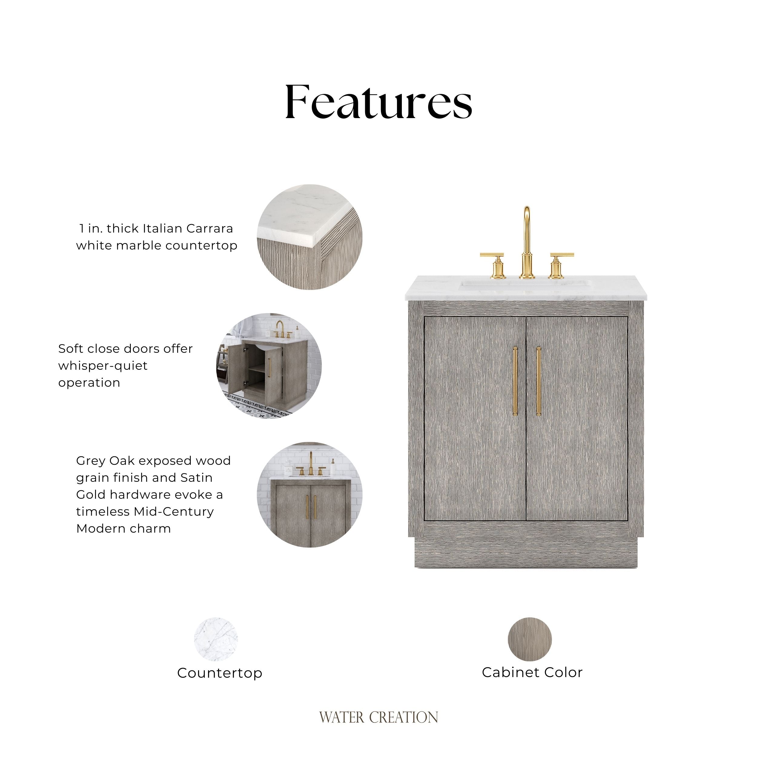 Kingston Luxe HU30CW06GK - 30 in. x 22 in. Bathroom Vanity Marble Top and White Basin, Grey Oak