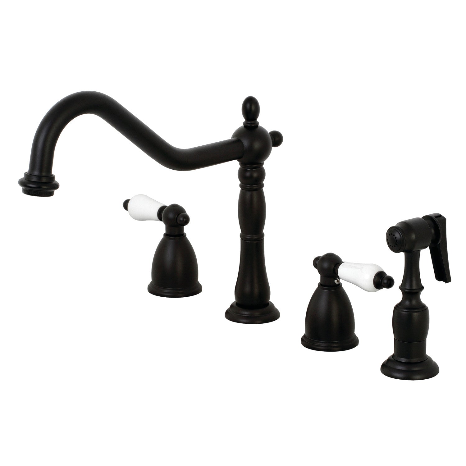 Kingston Heirloom KB1790PLBS - Robinet de cuisine à double poignée Heritage 4 trous avec pulvérisateur en laiton, noir mat