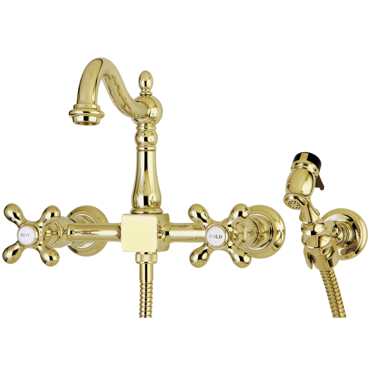 Kingston Heirloom KS1262AXBS - Robinet de cuisine à double poignée Heritage 3 trous Wall Mount Bridge avec pulvérisateur en laiton, laiton poli