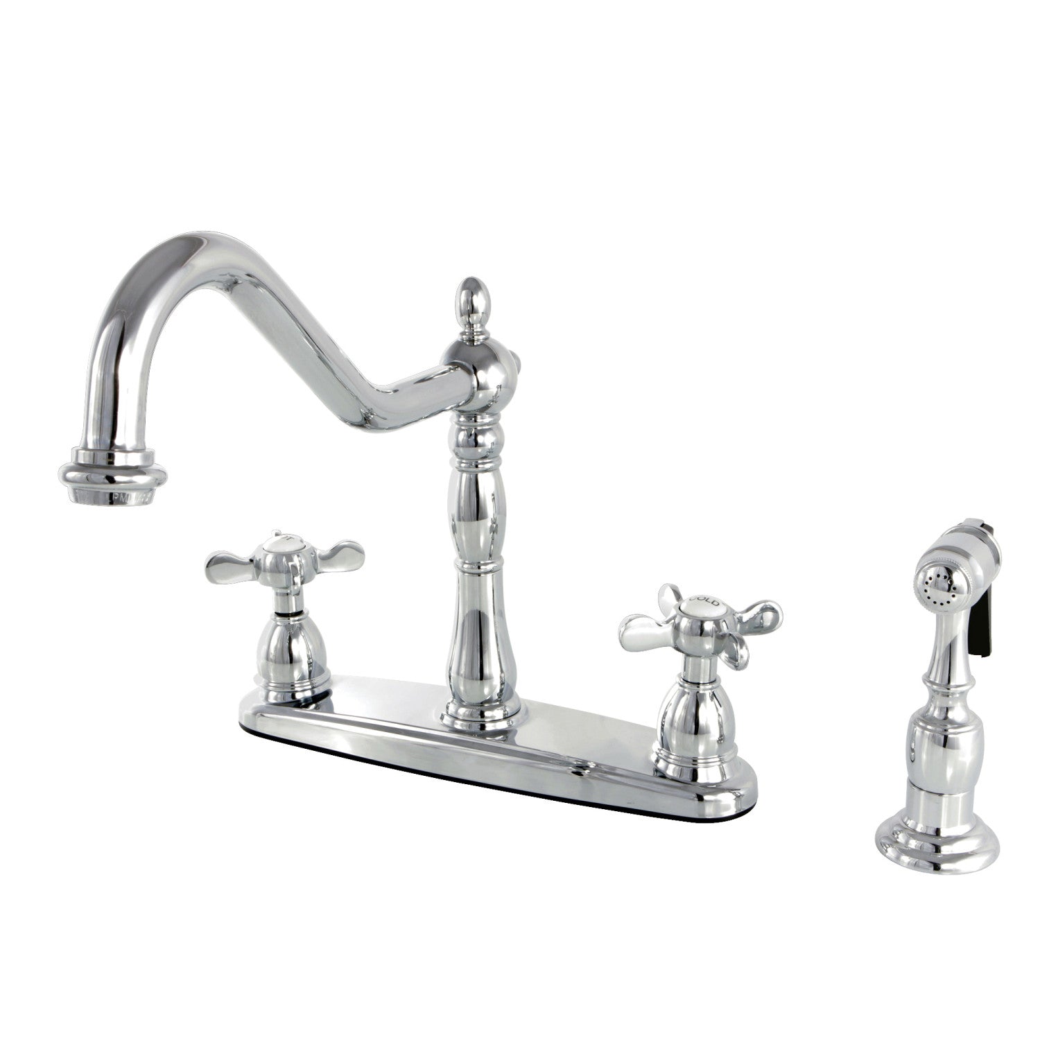 Kingston Heirloom KB1751BEXBS - Robinet de cuisine central à deux poignées Essex 4 trous 8" avec pulvérisateur en laiton, chrome poli