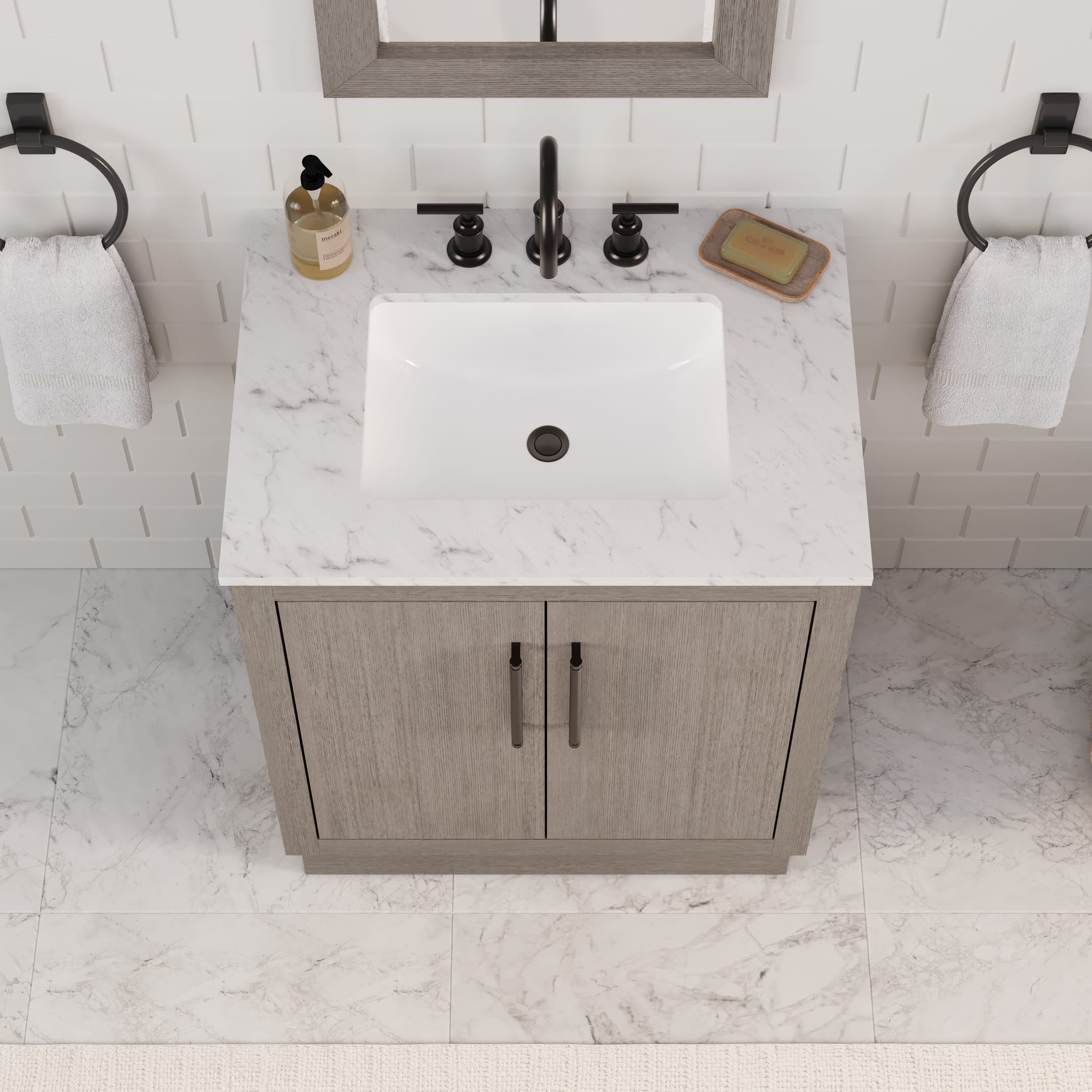 Kingston Luxe HU30CW03GK - 30 in. x 22 in. Bathroom Vanity White Marble Top and White Basin, Grey Oak