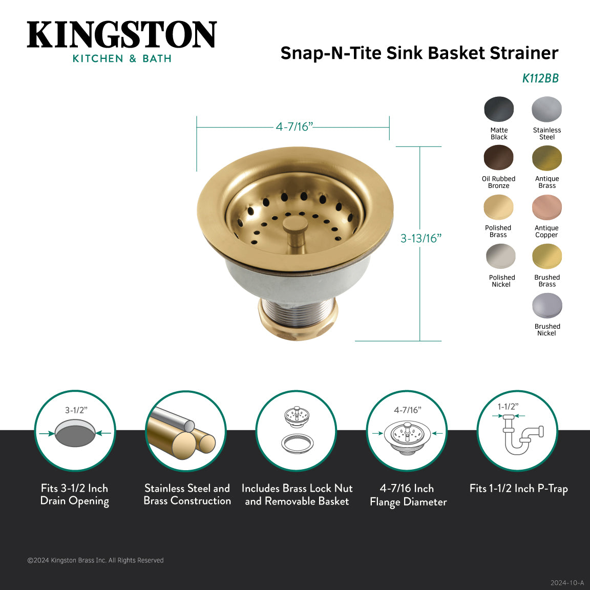 Kingston Tacoma K112AC 3-1/2 Inch Kitchen Sink Basket Strainer Only, Antique Copper