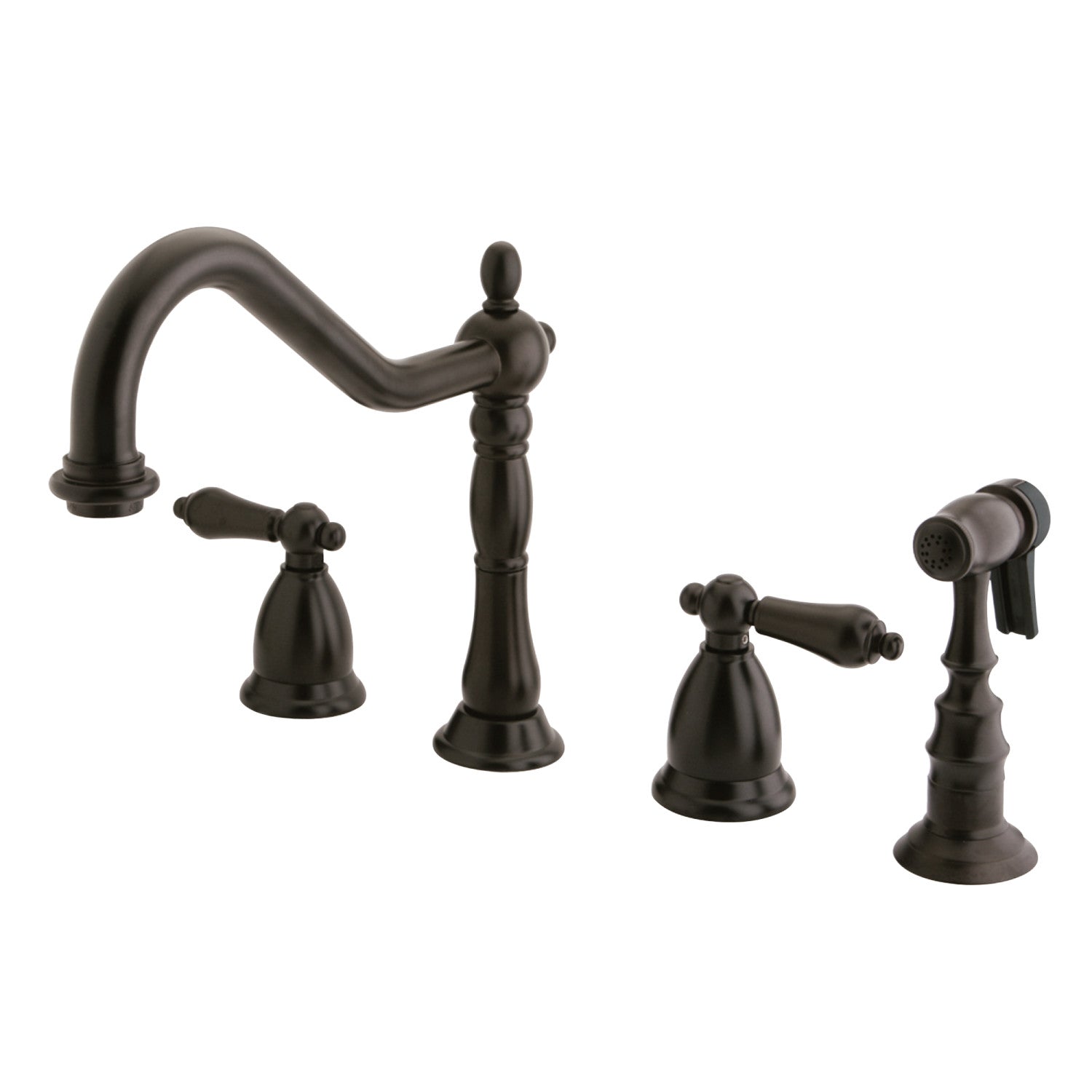 Kingston Heirloom KS1795ALBS - Robinet de cuisine à double poignée Heritage 4 trous avec pulvérisateur en laiton, bronze frotté à l'huile