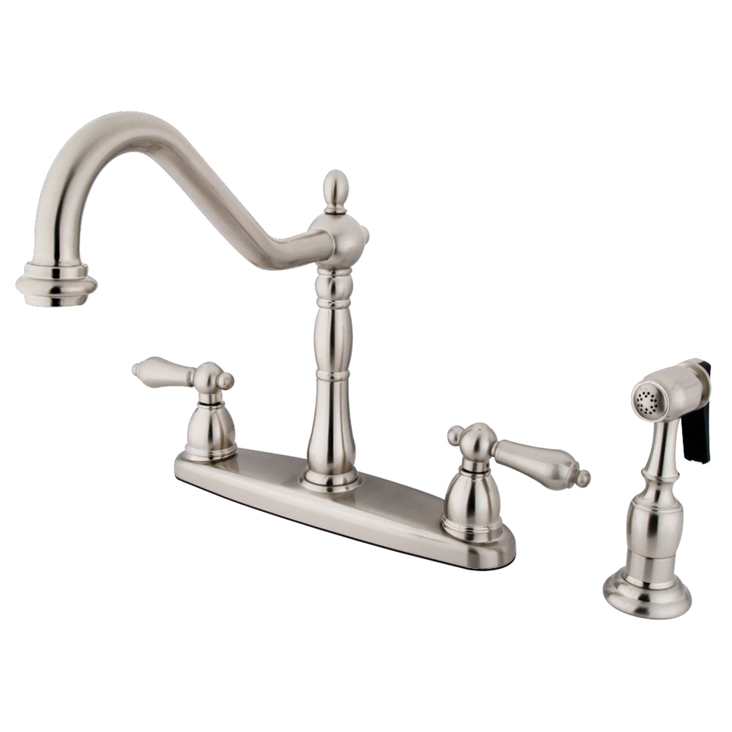 Kingston Heirloom KB1758ALBS - Robinet de cuisine central à deux poignées Heritage 4 trous 8" avec pulvérisateur en laiton, nickel brossé
