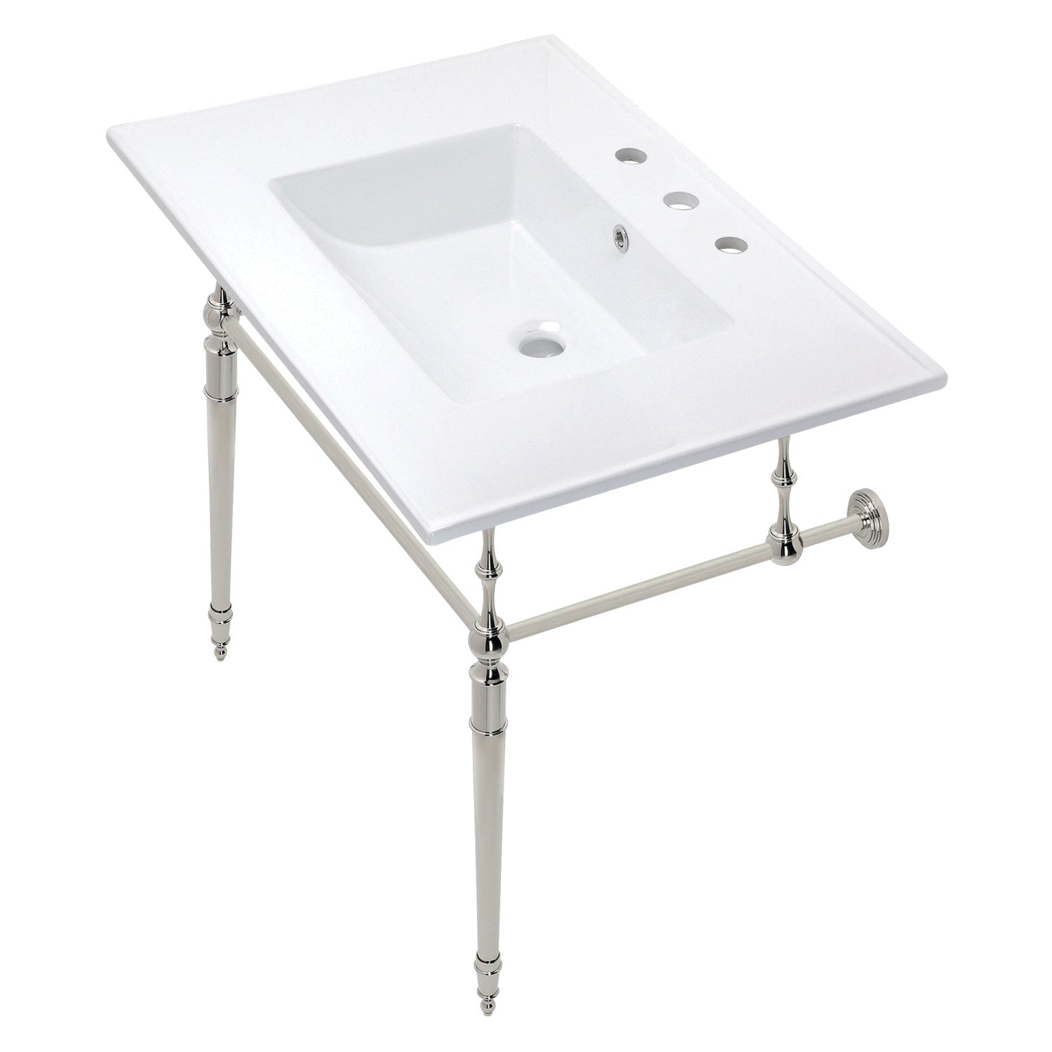 Kingston Heirloom KVPB31227W8PN - Edwardian 31-Inch Ceramic Console Sink with Brass Legs (8-Inch, 3-Hole), White/Polished Nickel