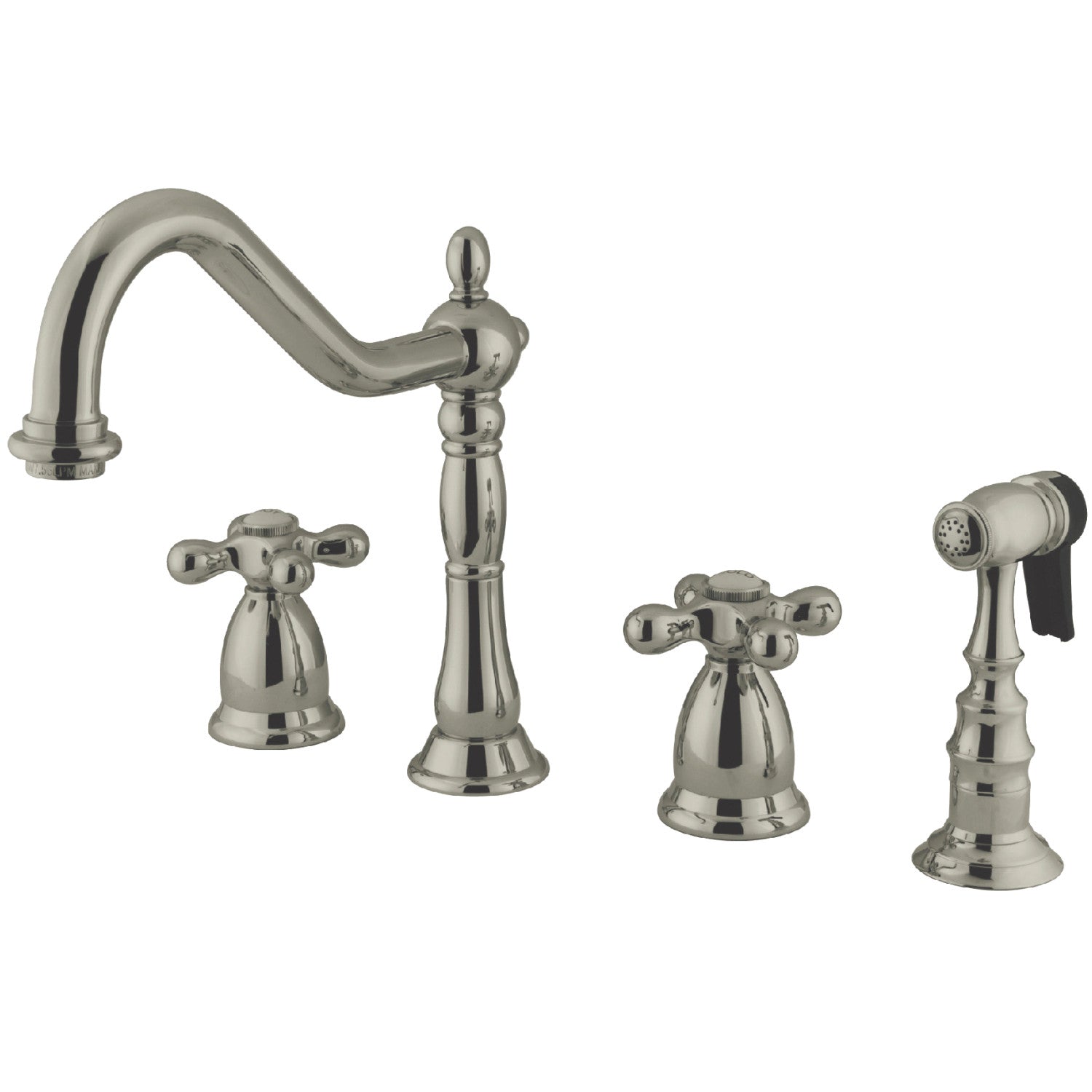 Kingston Heirloom KS1798AXBS - Robinet de cuisine à double poignée Heritage 4 trous avec pulvérisateur en laiton, nickel brossé