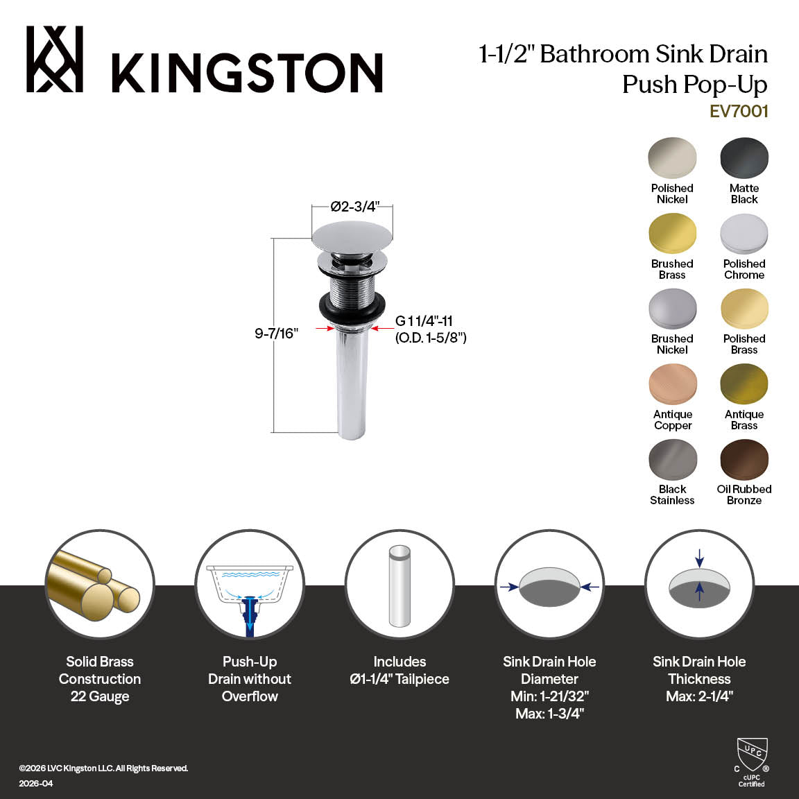 Kingston Sona EV7008 - Trimscape Brass Push Pop-Up Bathroom Sink Drain without Overflow, 22 Gauge, Brushed Nickel