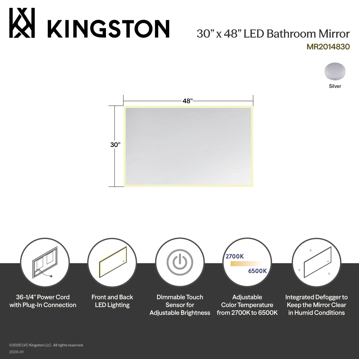 Kingston Aurora MR2014830 30-Inch x 48-Inch LED Bathroom Mirror, Front and Back Light, Anti-Fog, Dimmable Touch Sensor Lighted Mirror, Silver