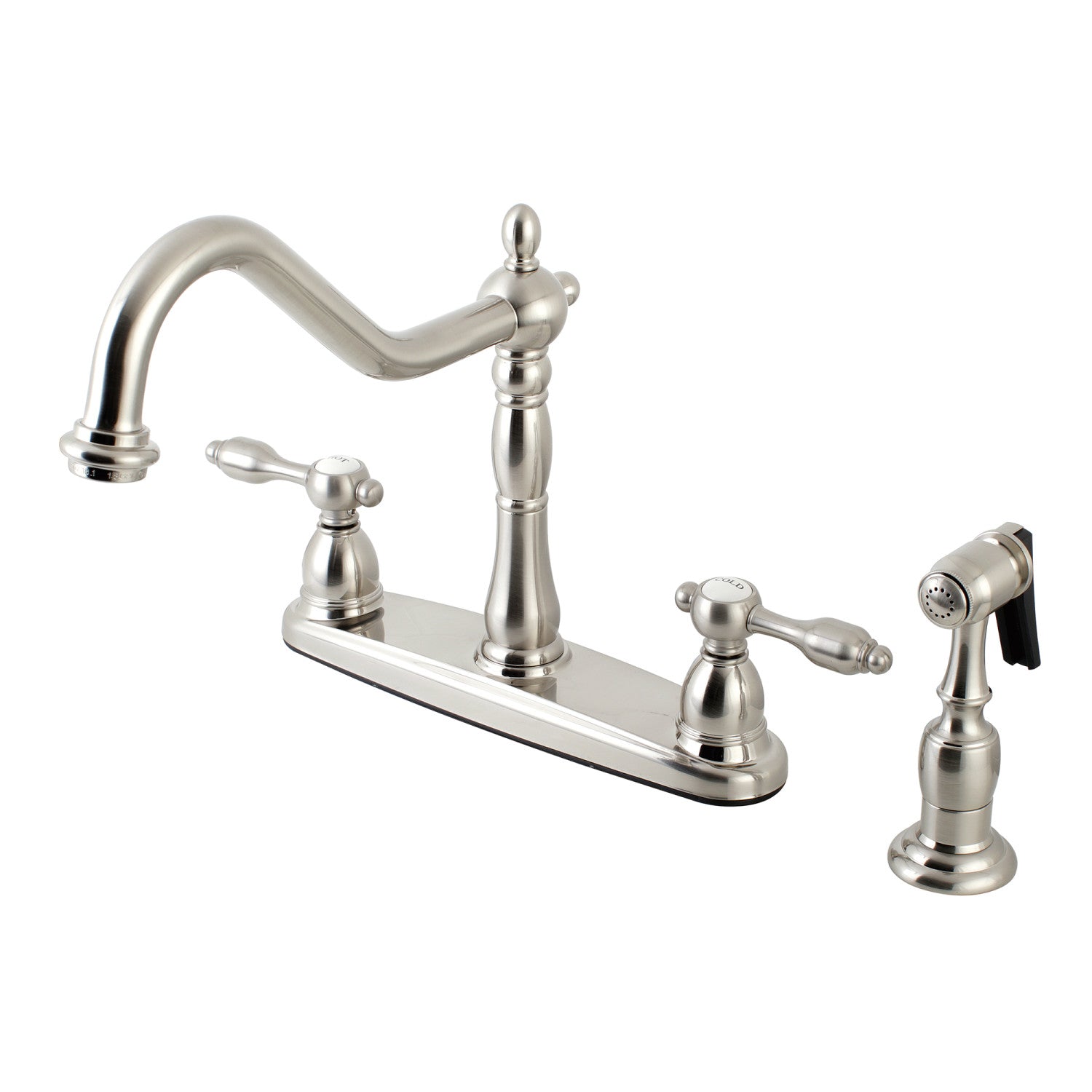 Kingston Heirloom KB1758TALBS - Robinet de cuisine central à deux poignées Tudor 4 trous 8" avec pulvérisateur en laiton, nickel brossé
