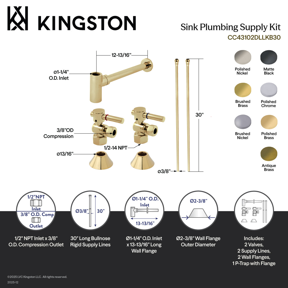 Kingston Sona CC43100DLLKB30 - Trimscape Modern Plumbing Sink Trim Kit with Bottle Trap, Matte Black