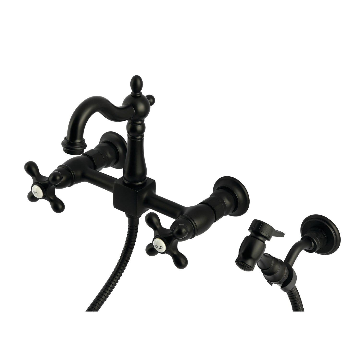 Kingston Heirloom KS2440AXBS - Robinet de cuisine à deux poignées Heritage 3 trous Wall Mount Bridge avec pulvérisateur en laiton, noir mat